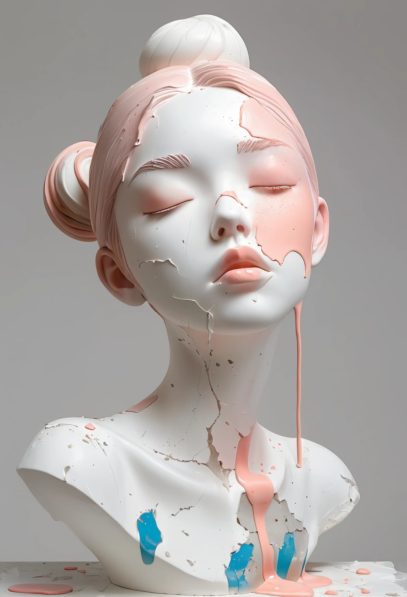 Artistic statues,3D Sculpture,ceramics,Surface cracks,Shattered Texture,White cake,Delicious tea powder,Minimalist Sculpture,3D, 1 girl, solitary, blush,Rough surface,Surface patterns and textures,Surface scratches,Granular,