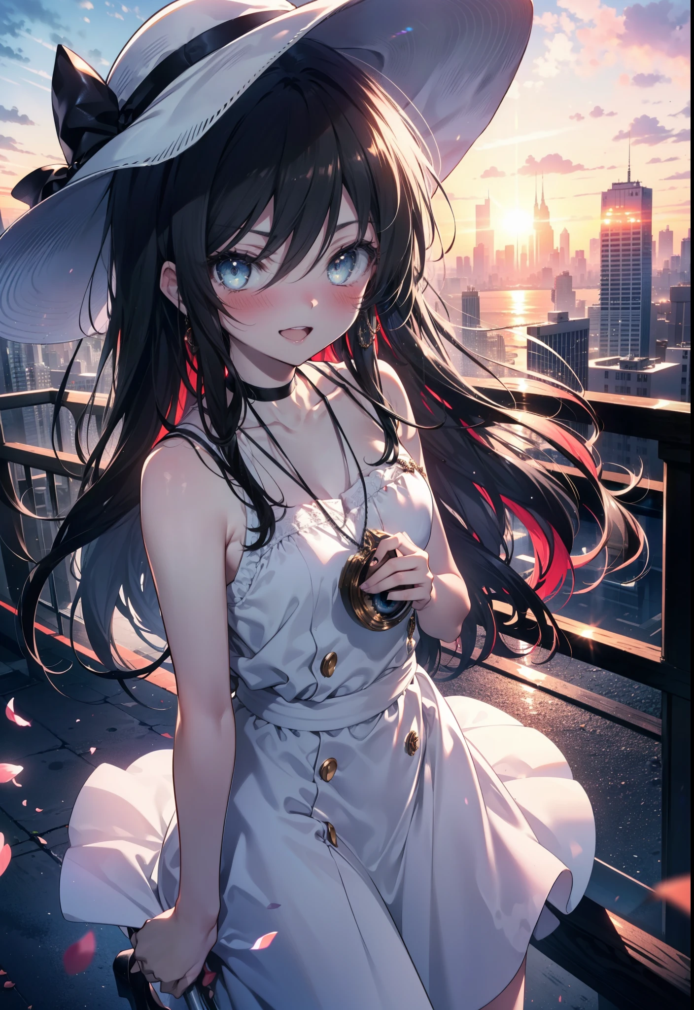 Shana,灼眼のShana,Ahoge,Long Hair,Black Hair, black eye, Small breasts,smile,blush,Open your mouth,Sleeveless dress,Bare shoulders,bare clavicle,Bare neck,Rocket Pendant,White hat,Long skirt,Cute heeled sandals,Looking down from above,sunset,evening,The sun is setting,
break looking at viewer, (Cowboy Shot:1. 5)
break outdoors, City Street,Building district,
break (masterpiece:1.2), highest quality, High resolution, unity 8k wallpaper, (shape:0.8), (Fine and beautiful eyes:1.6), Highly detailed face, Perfect lighting, Highly detailed CG, (Perfect hands, Perfect Anatomy),