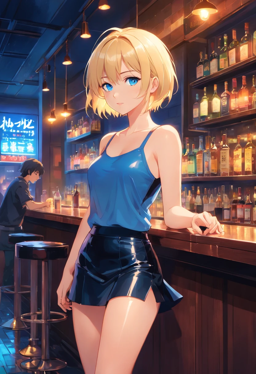 17 years old Women, ((Blonde)), ((Blue eyes)), ((Short hair)), ((Full Body)), stand in a bar with black latex skirt and sleeveless t-shirt that falls from one shoulder, high heels boots, night wet floor