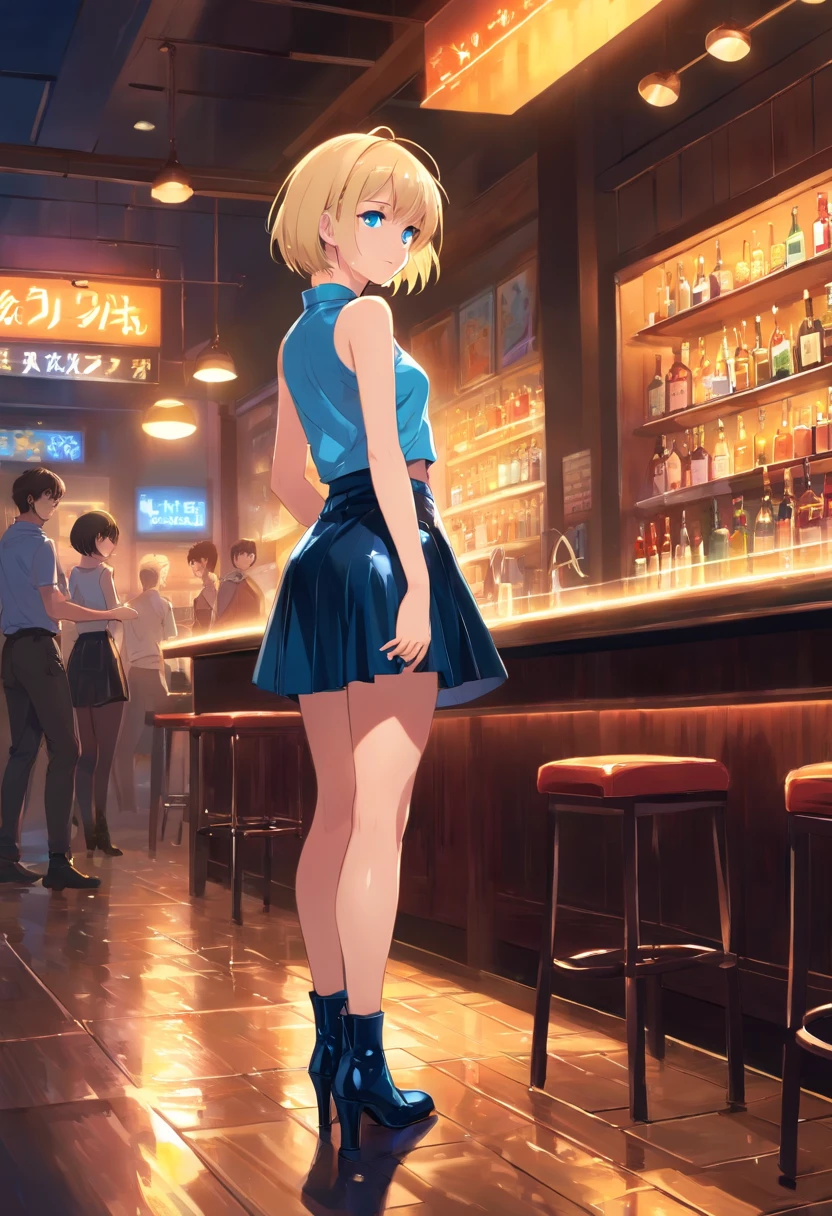 17 years old Women, ((Blonde)), ((Blue eyes)), ((Short hair)), ((Full Body)), stand in a bar with black latex skirt and sleeveless t-shirt that falls from one shoulder, high heels boots, night wet floor