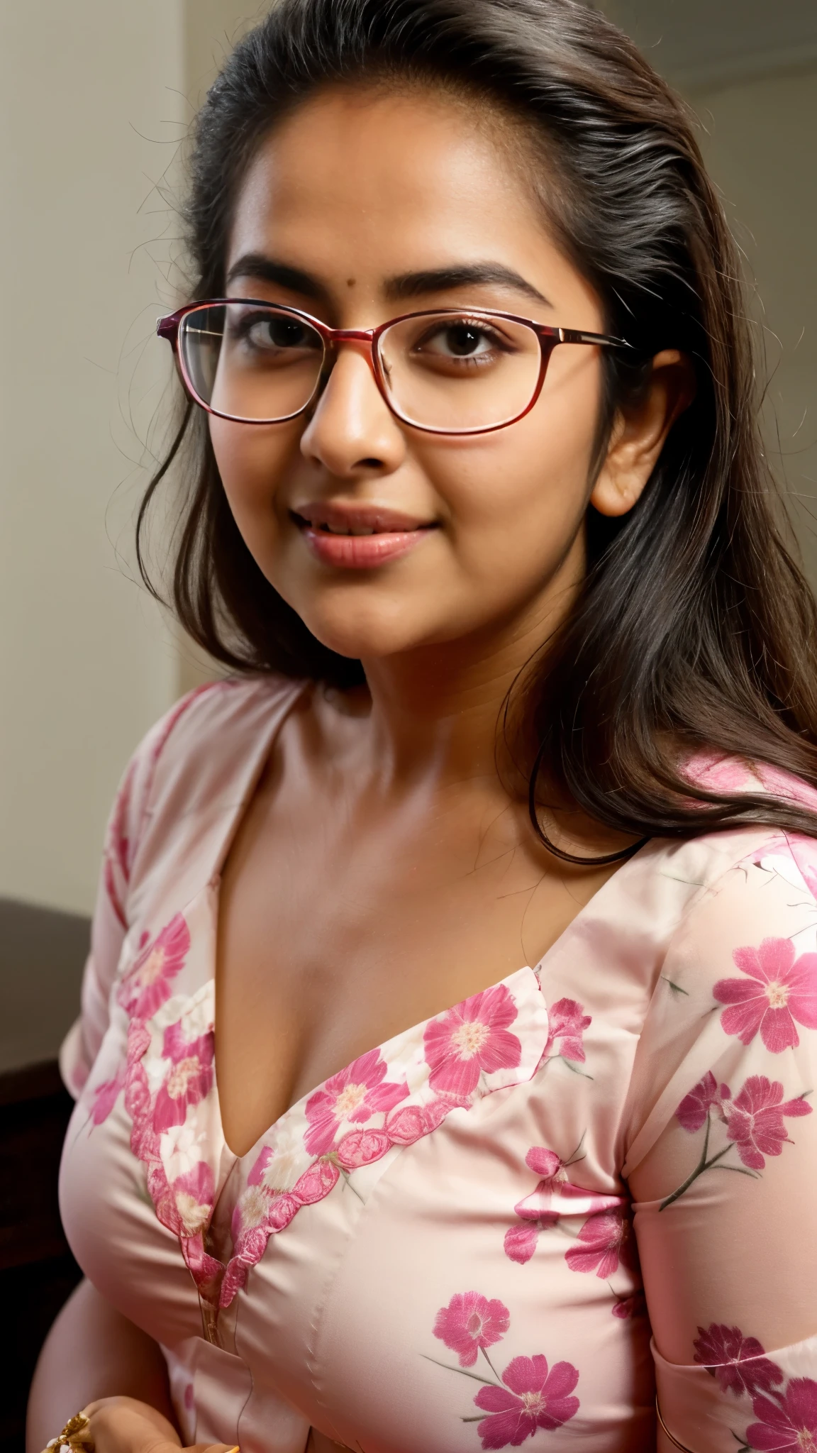 extreme closeup photo of ntg avika gor seductive look, pink floral nightdress, nerd glasses