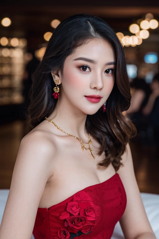 8k, RAW photo, Fujifilm, style photo of a beautiful 45 year old woman, square face, a red rose on the neck, wearing black lace dress with red, golden earrings, strong features like a spinning dove, (highly detailed skin: 1.2), medium brown hair with lights, film grain, 35mm, cute style