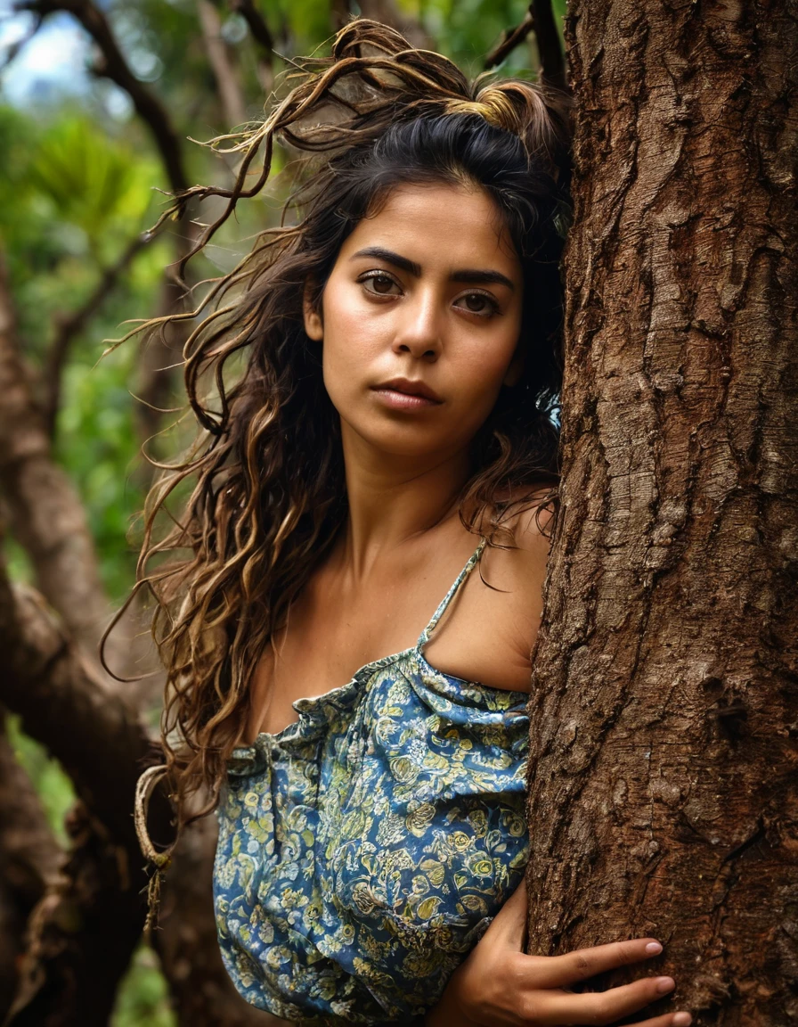 corpo inteiro,Mulher latina,mulher madura,mulher experiente,tied to an old tree with vines,corpo natural coberto de sujeira,emaranhado,cuecas e sutia rasgados,corajoso,sujo,pele enrugada,Messy hair,Selvagem,rampando e rastejando,amarrado com cordas velhas,worn appearance,vivid portrait,fotorrealista,high resolution,olhos expressivos,thoughtful expression,rosto forte e envelhecido,sabedoria em seu olhar,dark lighting,tons terrosos,sombras e realces contrastantes,dramatic atmosphere,angustia.