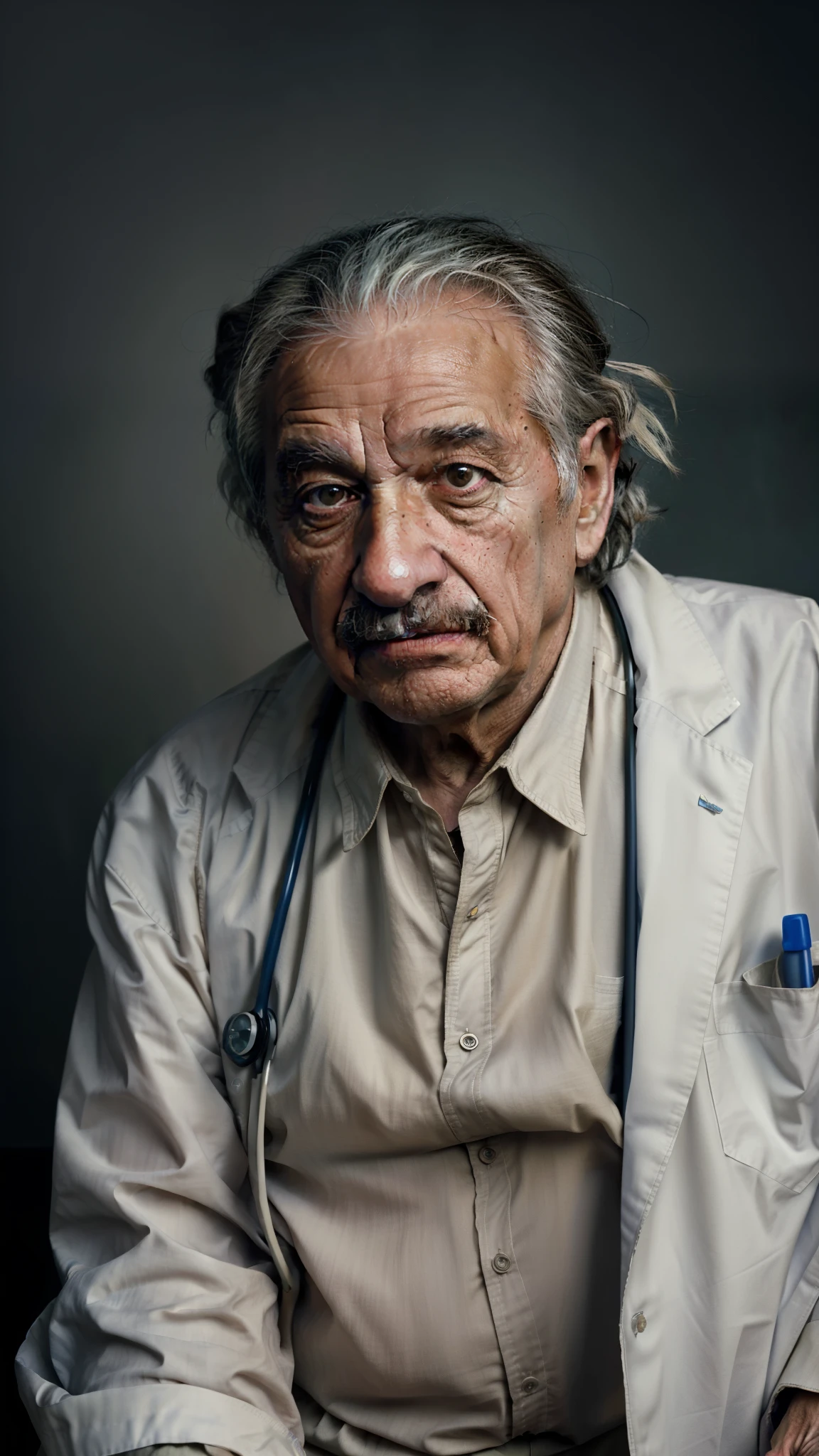 Realistic, high-quality epic art of an old man who looks like Albert Einstein straight and wearing a doctor's outfit