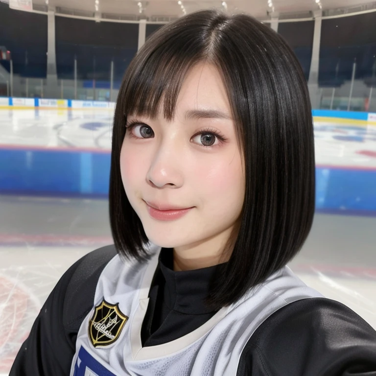 (kawaii 24year-old Japanese girl, Nogizaka idol, Korean idol), female ice hockey player, (glossy black hair, very short hair:1.3), (rounded face, black eyes, single eyelid, no makeup, soft smiling:1.2), (wearing long sleeved ice hockey jersey:1.5), ice hockey gloves, ice hockey helmet, (looking at viewer:1.2), BREAK, (skating at ice skate arena, active atmosphere:1.3), (view from forward, close shot, face focus:1.3), BREAK, (masterpiece, best quality, photo realistic, official art:1.4), (UHD, 8K quality wallpaper, high resolution, raw photo, golden ratio:1.3), (shiny skin), professional lighting, physically based rendering, award winning, (perfect anatomy, highly detailed skin, extremely detailed face and eyes:1.2), Carl Zeiss 300mm F/2.8, depth of field, 1girl, solo, nhl player, national hockey league player,