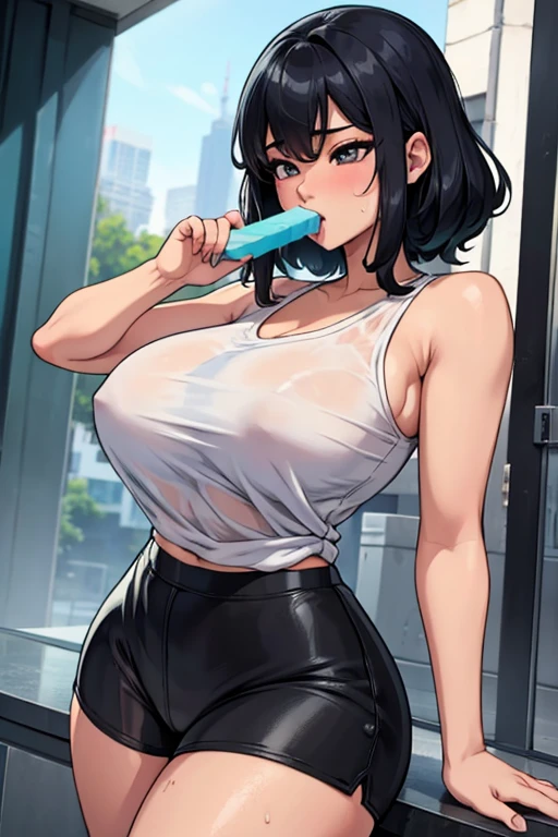 a hot asian girl with big and big thighs sweating wearing a black tight shorts eating a popsicle