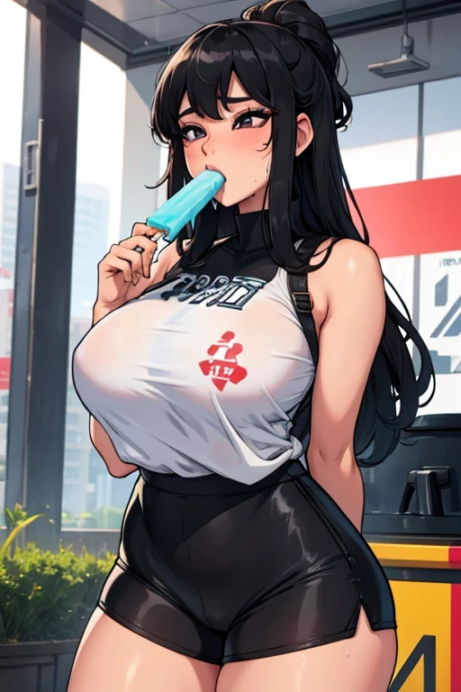 a hot asian girl with big and big thighs sweating wearing a black tight shorts eating a popsicle