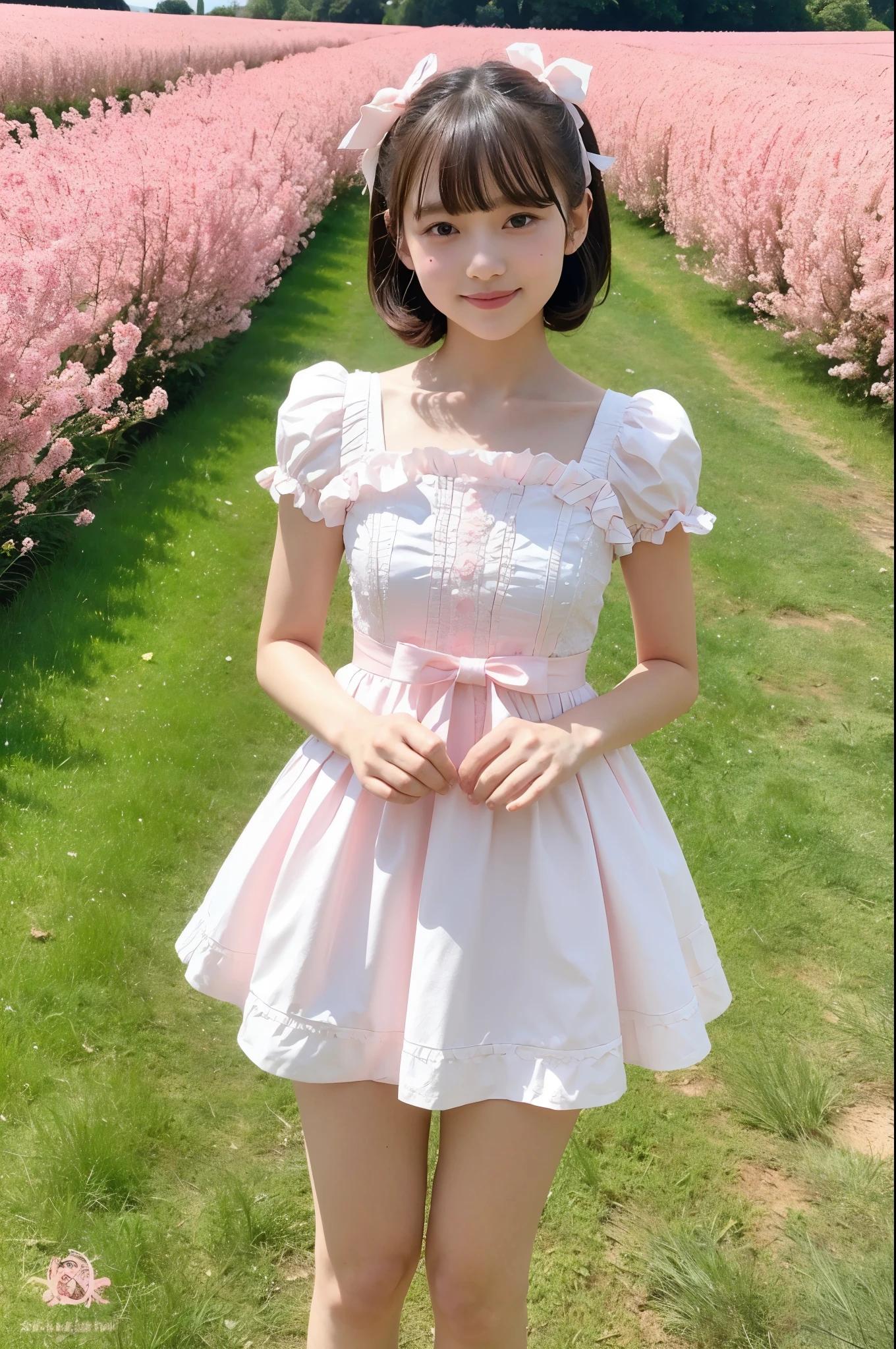 girl standing in pink flower field,white frilled long flare dress,18-year-old,bangs,a little smile,thighs,knees,short hair and low pigtails with barrette with white ribbon bow,from below,front light