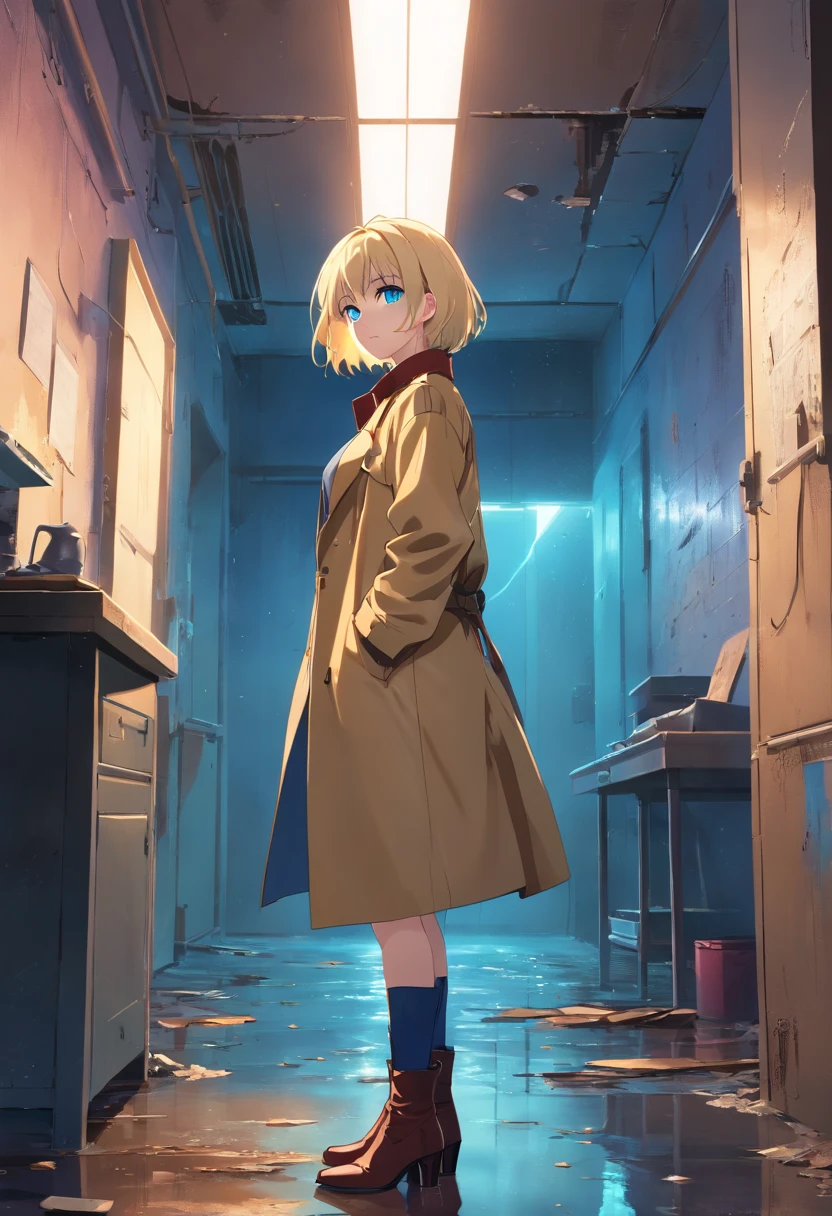 17 years old Women, ((Blonde)), ((Blue eyes)), ((Short hair)), ((Full Body)), stand in abandoned room, long leather coat, high heels boots, night wet floor
