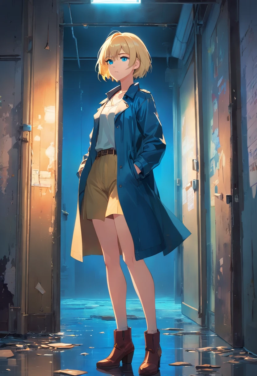 17 years old Women, ((Blonde)), ((Blue eyes)), ((Short hair)), ((Full Body)), stand in abandoned room, long leather coat, high heels boots, night wet floor