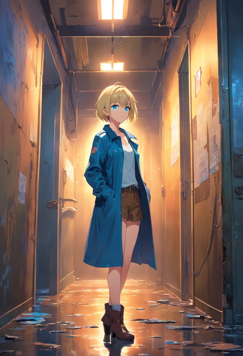 Women, ((Blonde)), ((Blue eyes)), ((Short hair)), ((Full Body)), stand in abandoned room, long leather coat, high heels boots, night wet floor