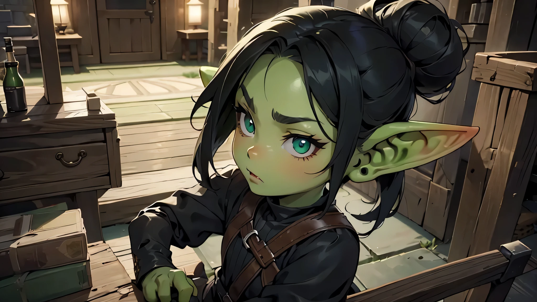 Best god quality, detailed, perfect anatomy, little goblin girl, goblin in thief outfit, rouge, night, house, it is night time, pointy ears, long ears, green skin, she has black hair, high camera angle, cute, big green eyes, looking at camera, black hair buns, black hair, green goblin, home interior at night, night time, indoors, looking up, cute, adorable, solo, emerald eyes, thief body suit, rogue outfit, at night, black clothes, shirt, clothed, socks, black hair, young, goblin, cute goblin, goblin girl, female goblin, standing, looking upward, thigh highs, black socks, mischievous look, excited expression, smug, (((SOLO))), (girl in middle)