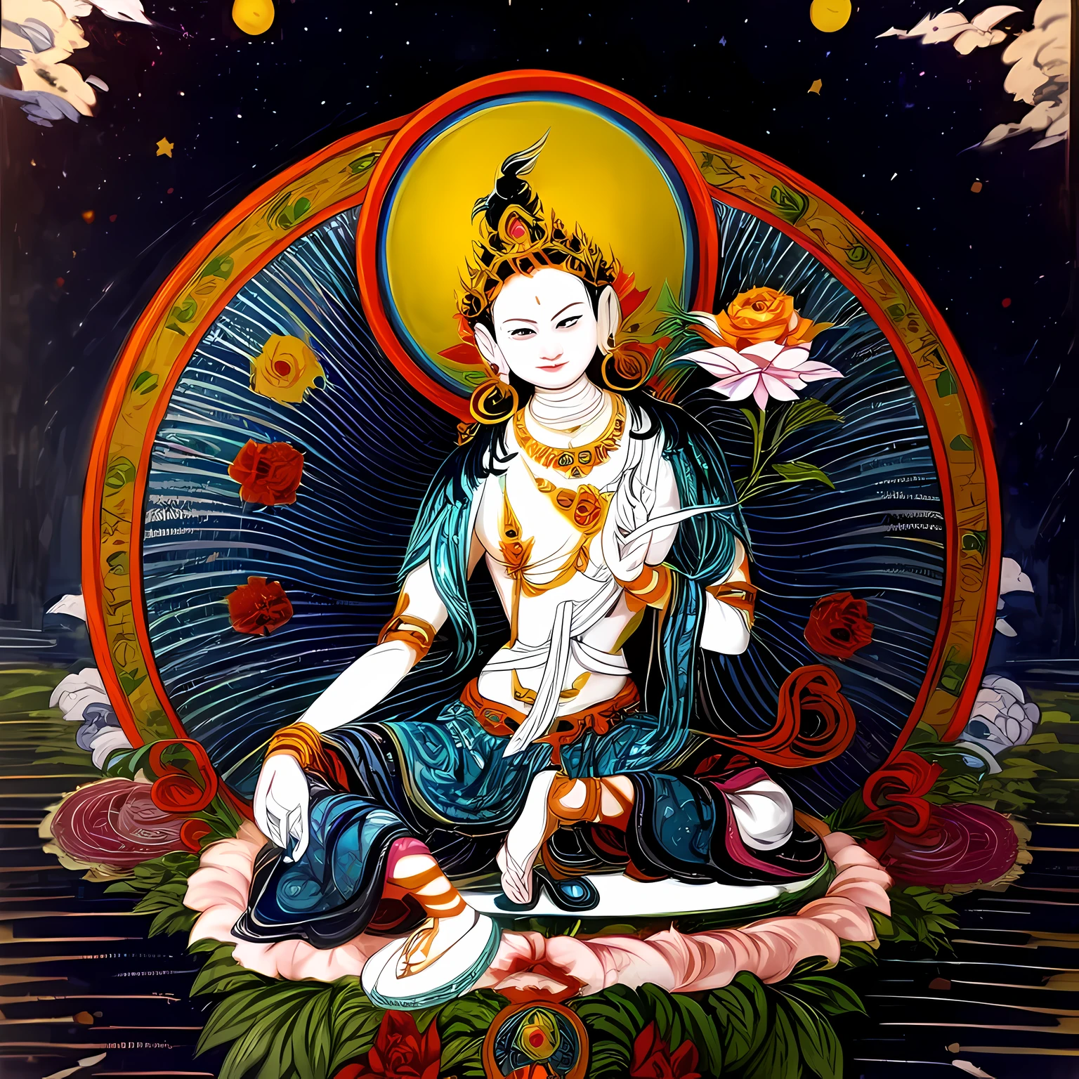 (( dumu,1girl)),mantra,ocean,stars,starry sky,rainbow,night,sun,crown,necklace,circle,sitting on lotus,(lotus),jewelry,bracelet,crescent moon,earrings,magic circle,flower,bird,