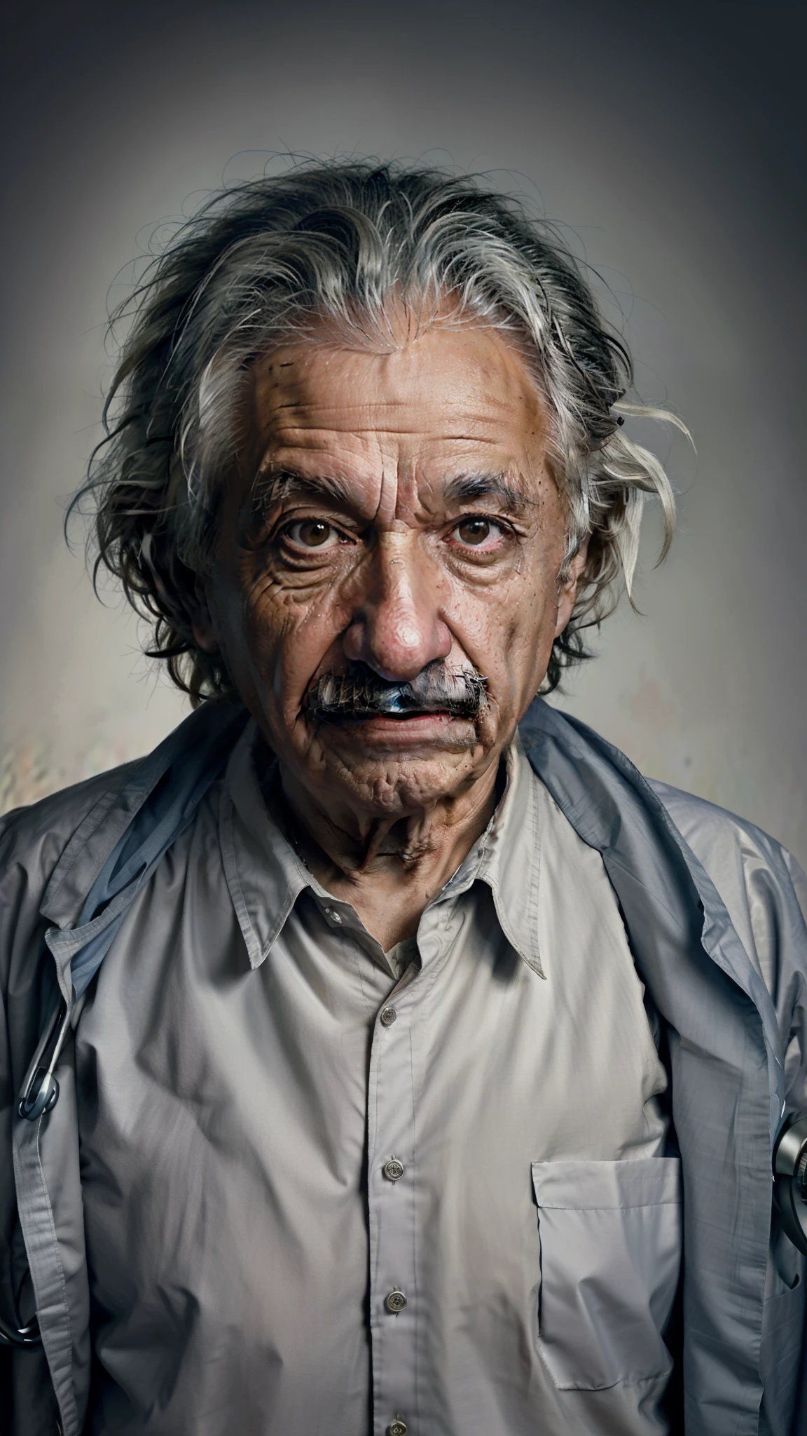 Realistic, high-quality epic art of an old man who looks like Albert Einstein straight and wearing a doctor's outfit