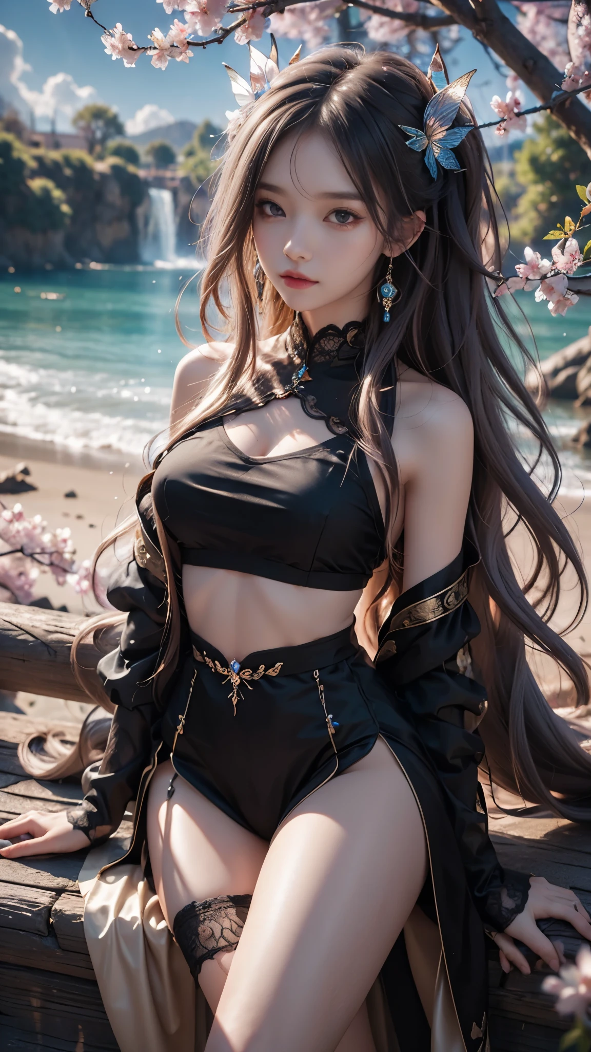 8K, ultra hd, masterpiece, 1 girl, perfect face, close legs, very long curly hair, detailed eyes, simple clothing, gradient black clothing, stocking, lace, sardine, bare waist, jwellery, waterside, Realistic scenery, epic scenery, sun rising, evening, clouds, Butterfly, cherry blossom, blowing wind,