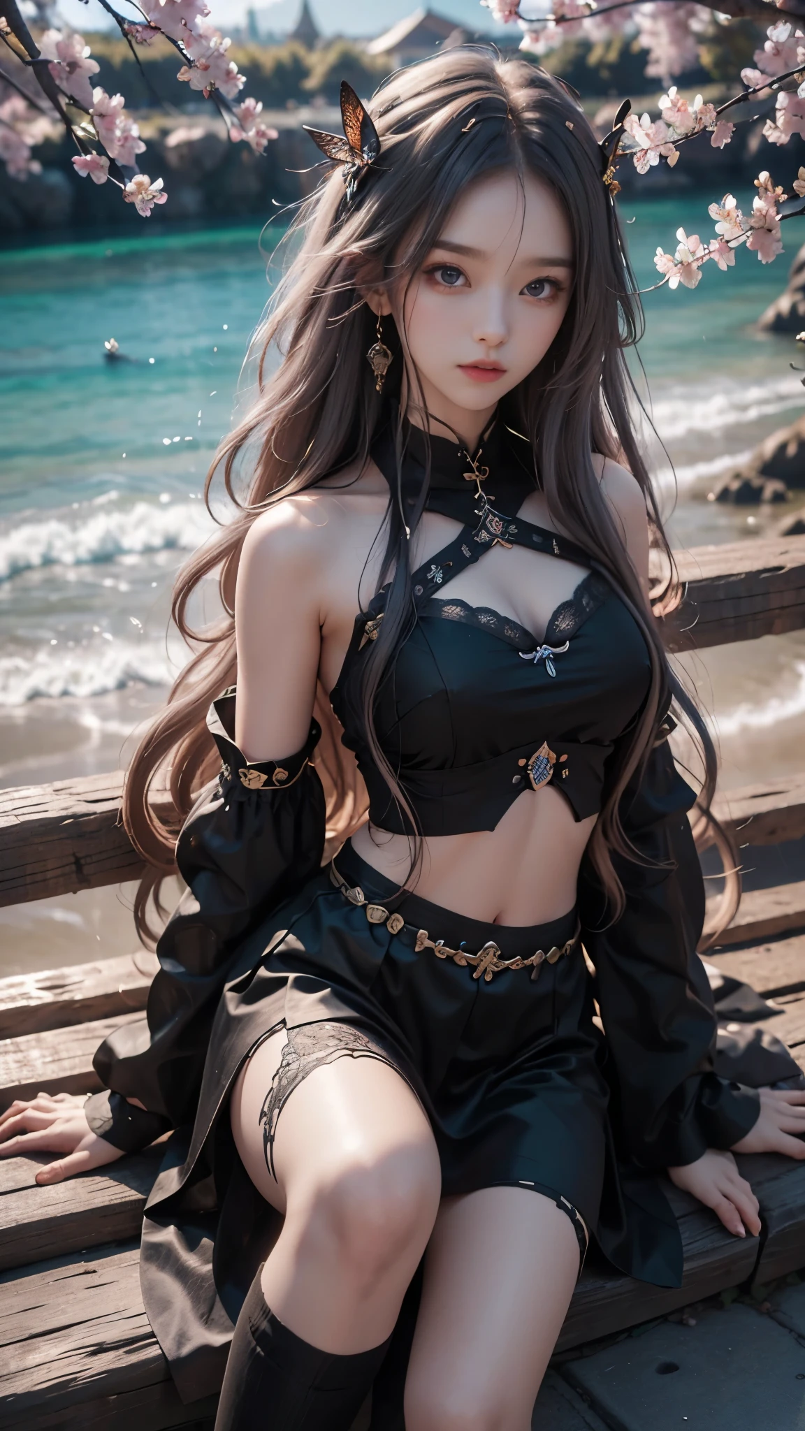 full hd 8k, Girl standing in front of a dark night scene, full moonlight reflecting on her beautiful face. Her long, silky hair was gently blown by the night wind, creating a gentle and romantic feeling. She is walking on a large beach. She looked up at the starry sky, as if searching for something, her eyes showing a pensive and lonely look. The full moon shines in the night sky creating a beautiful scene. The girl has long, silky hair, creating a luxurious and noble beauty. The moonlight shines on the girl's delicate face, highlighting her large, round light brown eyes, creating a natural, gentle beauty. She wore a little sexyly red skirt to create a sexy beauty. Her plumble breasts were exposed, revealing her plumble and extremely sexy breasts. These images capture detailed panoramic portraits and views of the sky and sea. All create a beautiful, wonderful picture that makes people unable to take their eyes off the scene. All of these details are depicted clearly and sharply, creating sexyly poses,