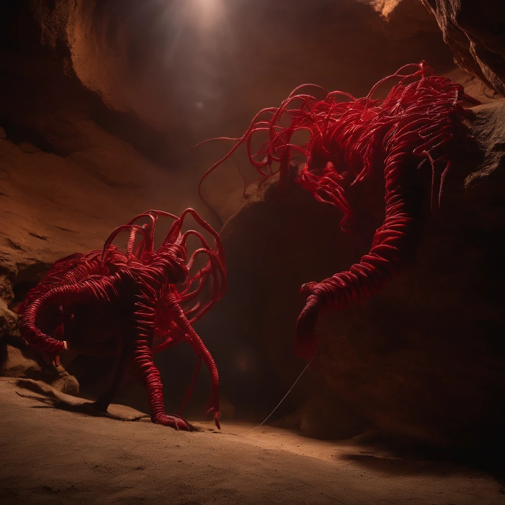 (Real Photographic Image) An eerie red nerve wire stretched across the deepest layer of a deep and vast underground limestone cave.The ends of the red eerie nerve wire extend into countless bundles, and from each end of the bundle there are various types. quadrupedal Monsters with iron-black armor-like rough uneven skin have appeared and are fighting each other in groups.