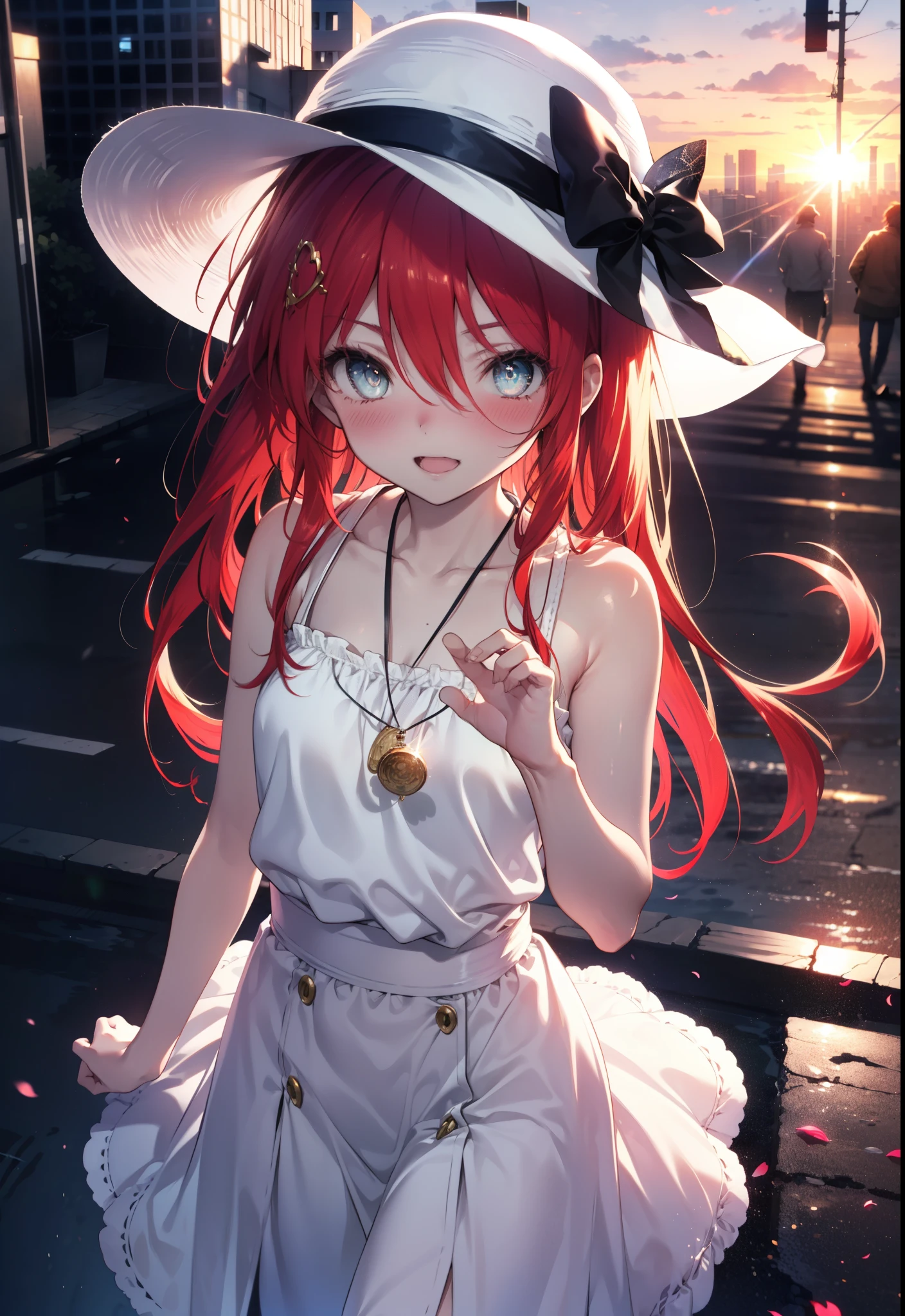 Shana,灼眼のShana,Ahoge,Long Hair,Red Hair, Red eyes, Small breasts,smile,blush,Open your mouth,Sleeveless dress,Bare shoulders,bare clavicle,Bare neck,Rocket Pendant,White hat,Long skirt,Cute heeled sandals,Looking down from above,sunset,evening,The sun is setting,
break looking at viewer, (Cowboy Shot:1. 5)
break outdoors, City Street,Building district,
break (masterpiece:1.2), highest quality, High resolution, unity 8k wallpaper, (shape:0.8), (Fine and beautiful eyes:1.6), Highly detailed face, Perfect lighting, Highly detailed CG, (Perfect hands, Perfect Anatomy),