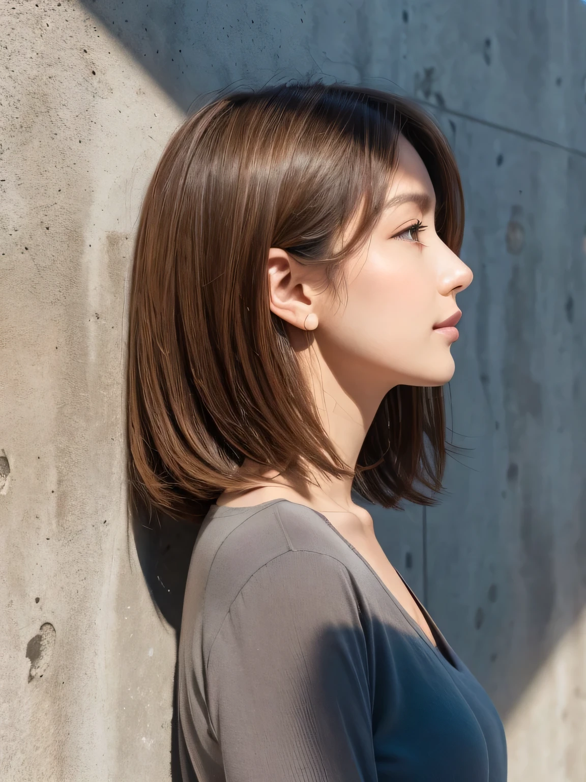 Hair like a live action,Concrete wall background,Her face in profile,Natural light,Bob Hair,Light Brown Hair