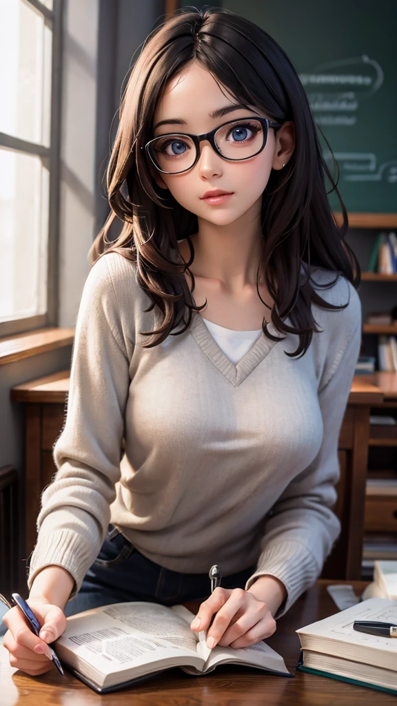 (best quality,4k,8k,highres,masterpiece:1.2),ultra-detailed,realistic,professional,portrait,classroom setting,beautiful detailed eyes,beautiful detailed lips,teacher,wearing glasses,blackboard,homework on the desk,chalk,books on the shelf,seamless integration of natural and artificial light,vivid colors,painting-like texture.