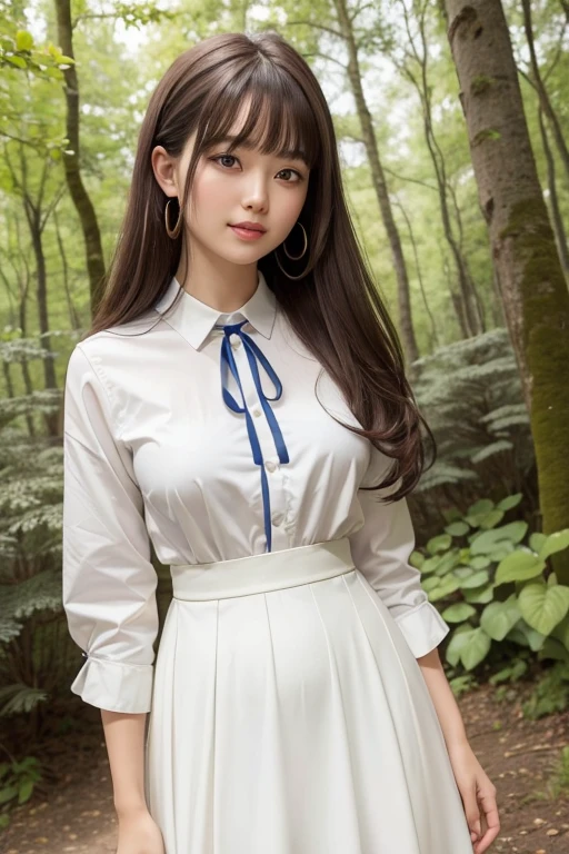 ((highest quality)), ((masterpiece)), (detailed), Perfect Face、((highest quality)), ((masterpiece)), (detailed), Perfect Face, superior, highest quality, High resolution, Hmph, Perfect Pixel, 4K, Hmph, Hmph))), 1 girl, single, alone, Beautiful woman、whole bodyが見えました、 ((Mid-wave hair, bangs, Brown Hair)), Black Hair, (((One girl))), Standard body,low length,(18-year-old),break,((White dress shirt)),Dark blue neck ribbon,break,Dark blue high waist skirt,Beautiful background, (In the forest park),Wind from the sea,Side view, Double Hair Buns,Large checked hair ribbon,(((avert your eyes))),(((Turn away))), Perfect lighting,narusawa,Half lip,A light smile,(whole body:0.95),