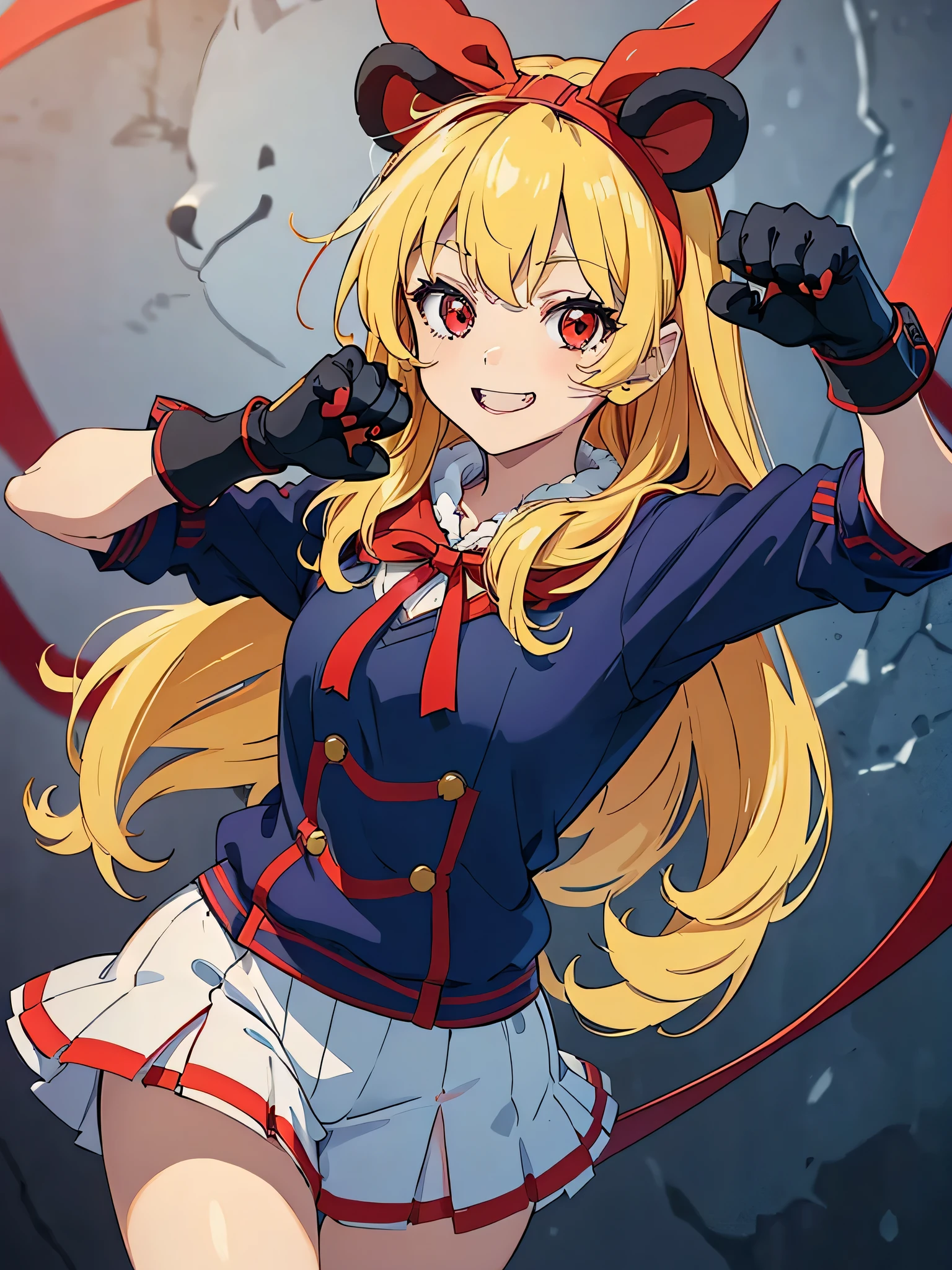 (red ribbon on hairband:1.2),（8K, best quality, muste piece:1.2)、ultra high resolution,1 very cute girl,hosimiya ichigo,ultra-detailed face, detailed eyes,RED eyes,smile, grin, happy,Blonde HAIR,masterpiece, best quality, extremely detailed, 1 girl, ,(hood with bear ears, hood up), (bear paw gloves:1.2), (claw pose), (paw pads:1.2)