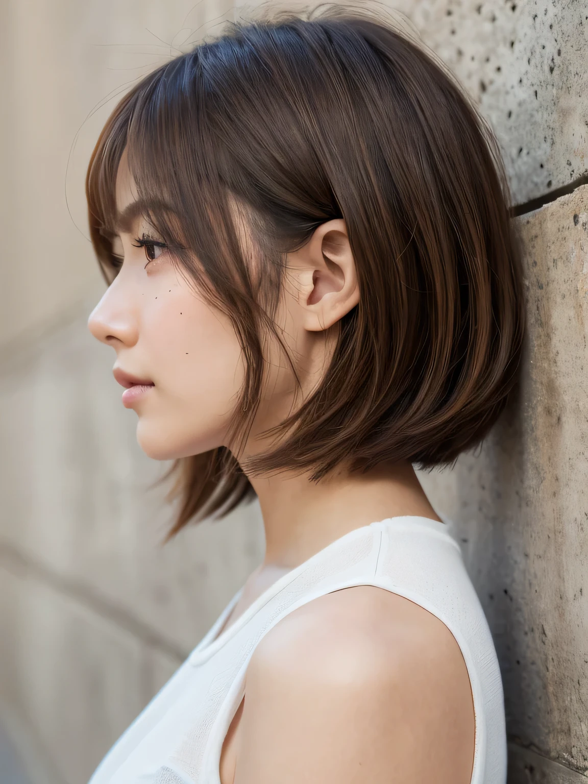 Hair like a live action,Concrete wall background,Her face in profile,Natural light,Bob Hair,Light Brown Hair,Realistic skin texture,Moderate skin irritation,mole