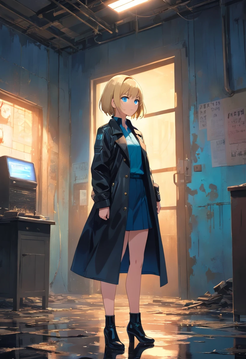 17 years old Women, ((Blonde)), ((Blue eyes)), ((Short hair)), ((Full Body)), stand in abandoned room, long leather ((black mao style coat)), black latex suite, black high heels , night wet floor