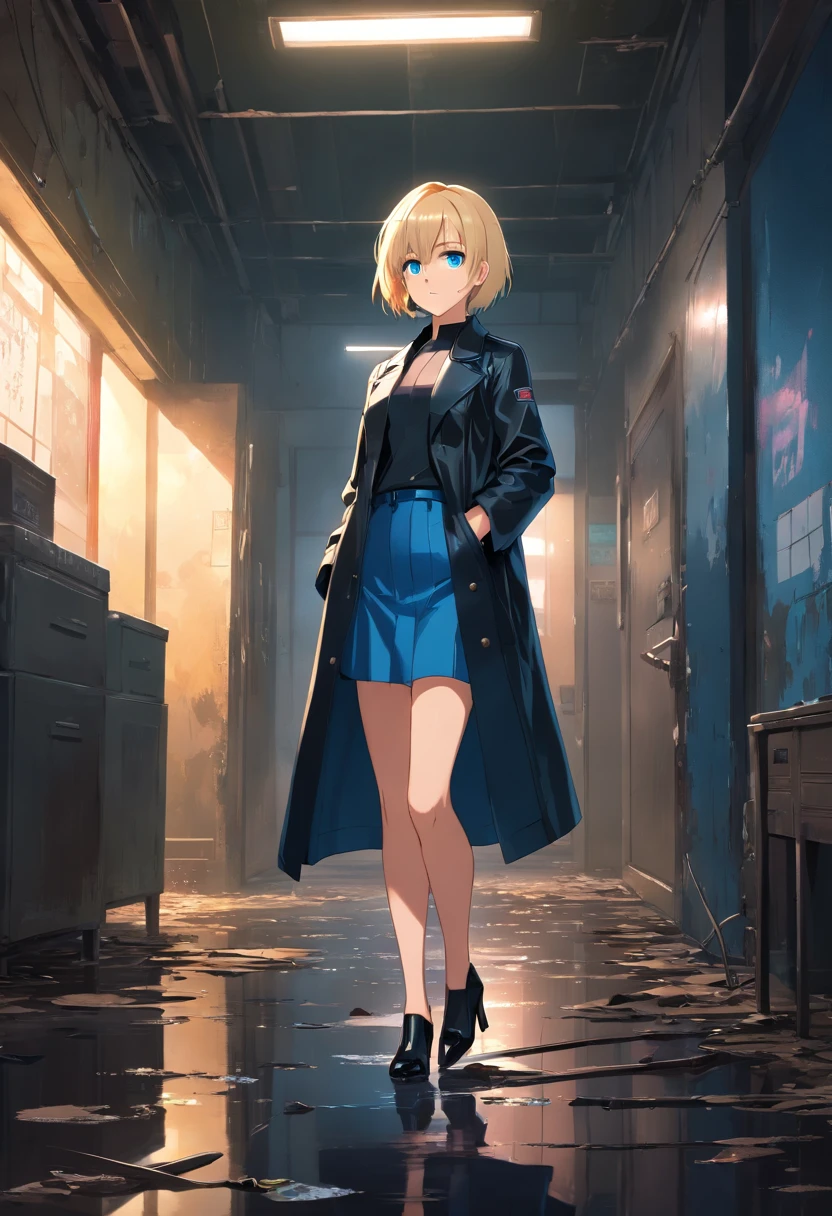  Women, ((Blonde)), ((Blue eyes)), ((Short hair)), ((Full Body)), stand in abandoned room, long leather ((black mao style coat)), black latex suite, black high heels , night wet floor