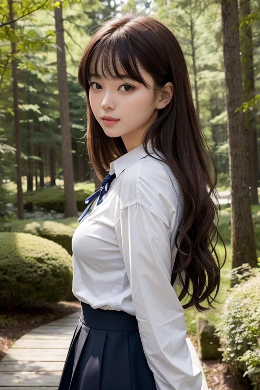((highest quality)), ((masterpiece)), (detailed), Perfect Face、((highest quality)), ((masterpiece)), (detailed), Perfect Face, superior, highest quality, High resolution, Hmph, Perfect Pixel, 4K, Hmph, Hmph))), 1 girl, single, alone, Beautiful woman、whole bodyが見えました、 ((Mid-wave hair, bangs, Brown Hair)), Black Hair, (((One girl))), Standard body,low length,(18-year-old),break,((White dress shirt)),Dark blue neck ribbon,break,Dark blue high waist skirt,Beautiful background, (In the forest park),Wind from the sea,Side view, Double Hair Buns,Large checked hair ribbon,(((avert your eyes))),(((Turn away))), Perfect lighting,narusawa,Half lip,A light smile,(whole body:0.95),I&#39;ll lift up my skirt、