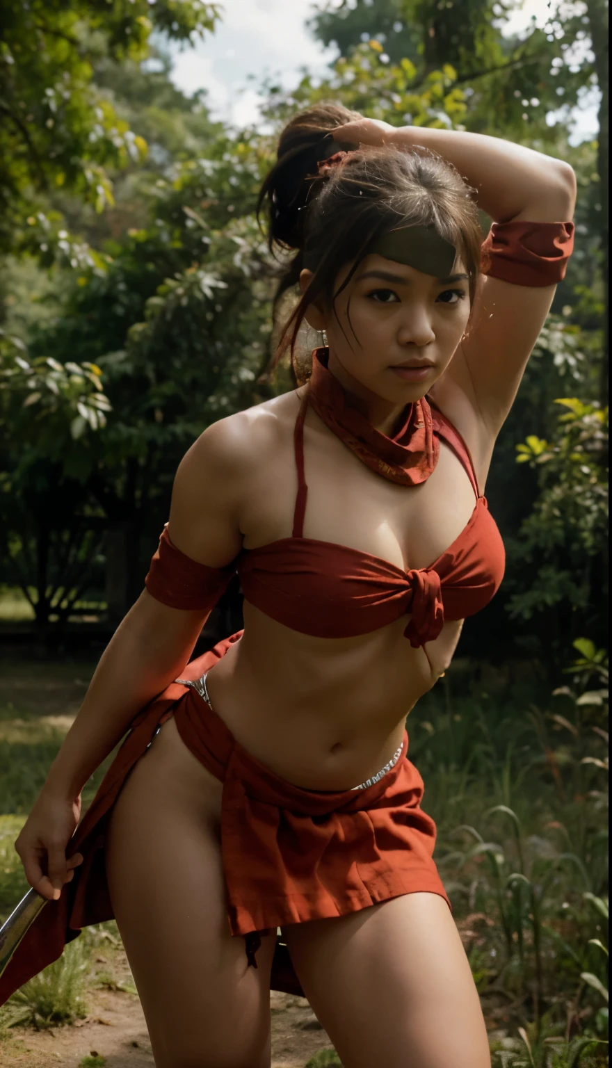 showing ultra HD high resolution, seen from below, the whole body, a beautiful Indonesian woman with long hair, her hair style is tied in a bun on top of her head and the rest is left long, tied in a red cloth, realistic, wearing red muslin clothes wrapped around her chest, and mini skirt, short Javanese batik finger, red shawl, cynical face, as if challenging, jumping, swinging sword, sword moves, wind effects, Ultra HD. Forest background. cinematic arts,.