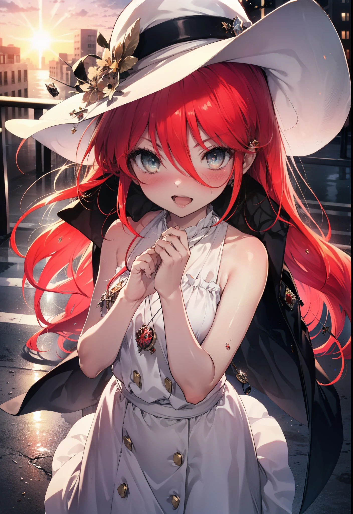 Shana,灼眼のShana,Ahoge,Long Hair,Red Hair, Red eyes, Small breasts,smile,blush,Open your mouth,Sleeveless dress,Bare shoulders,bare clavicle,Bare neck,Rocket Pendant,White hat,Long skirt,Cute heeled sandals,Looking down from above,sunset,evening,The sun is setting,
break looking at viewer, (Cowboy Shot:1. 5)
break outdoors, City Street,Building district,
break (masterpiece:1.2), highest quality, High resolution, unity 8k wallpaper, (shape:0.8), (Fine and beautiful eyes:1.6), Highly detailed face, Perfect lighting, Highly detailed CG, (Perfect hands, Perfect Anatomy),