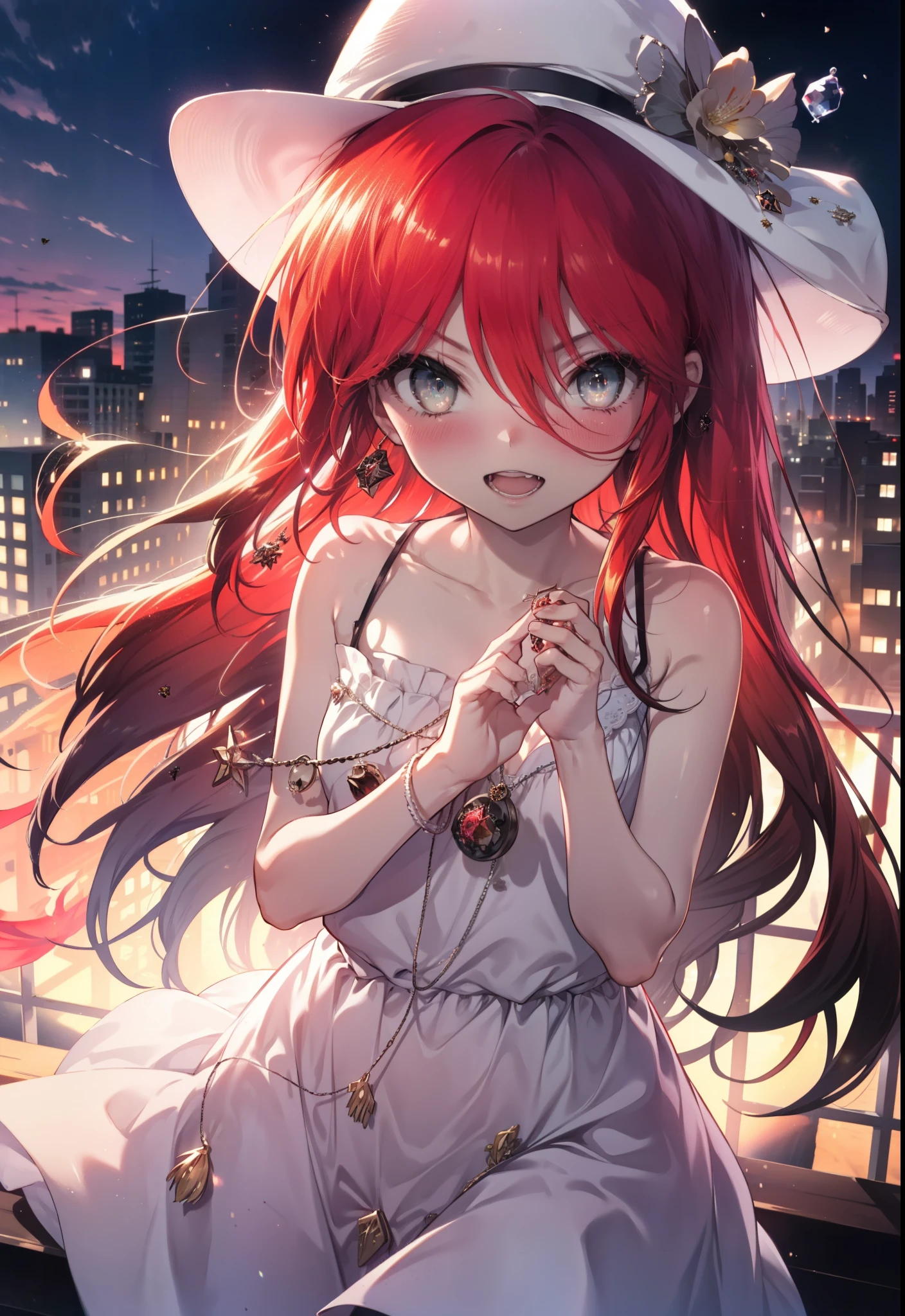 Shana,灼眼のShana,Ahoge,Long Hair,Red hair, Red eyes:1.5, Small breasts,smile,blush,Open your mouth,Sleeveless dress,Bare shoulders,bare clavicle,Bare neck,Rocket Pendant,White hat,Long skirt,Cute heeled sandals,Looking down from above,sunset,evening,The sun is setting,
break looking at viewer, (Cowboy Shot:1. 5)
break outdoors, City Street,Building district,
break (masterpiece:1.2), highest quality, High resolution, unity 8k wallpaper, (shape:0.8), (Fine and beautiful eyes:1.6), Highly detailed face, Perfect lighting, Highly detailed CG, (Perfect hands, Perfect Anatomy),
