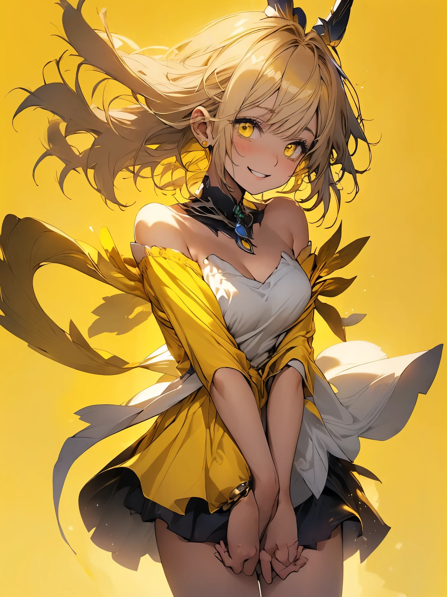 (Shiny skin,Melancholic expression、Very detailed),((1 girl)),(Perfect Face, Detailed face, Beautiful Eyes,Perfect hands,Perfect Fingers), (Medium chest:1.2,Wicked Smile:1.4),(Mature Woman:1.4),Cowboy Shot,embarrassing incident、thick,throw, (From below:1.4),short hair, Straight HARE,((Black Suit))、((8k wallpaper)),Bare Chest,Cleavage, window,The chest comes out,Transparent clothes、(((Yellow background:1.5)))、Place your arms behind your back、ＥＭPose according to bust size、(A gust of wind blowing from beneath your feet:1.2)、((Make sure nothing is visible except the person))、((Black tight skirt)),index, (Yellow Eyes:1.5), ((Yellow Hair)), Long Hair, habit,sit、Thin legs,Open towel、Pantascular Pussy、Squat、ginkgo leaf、黄色的树、Yellow across the board、Reveal