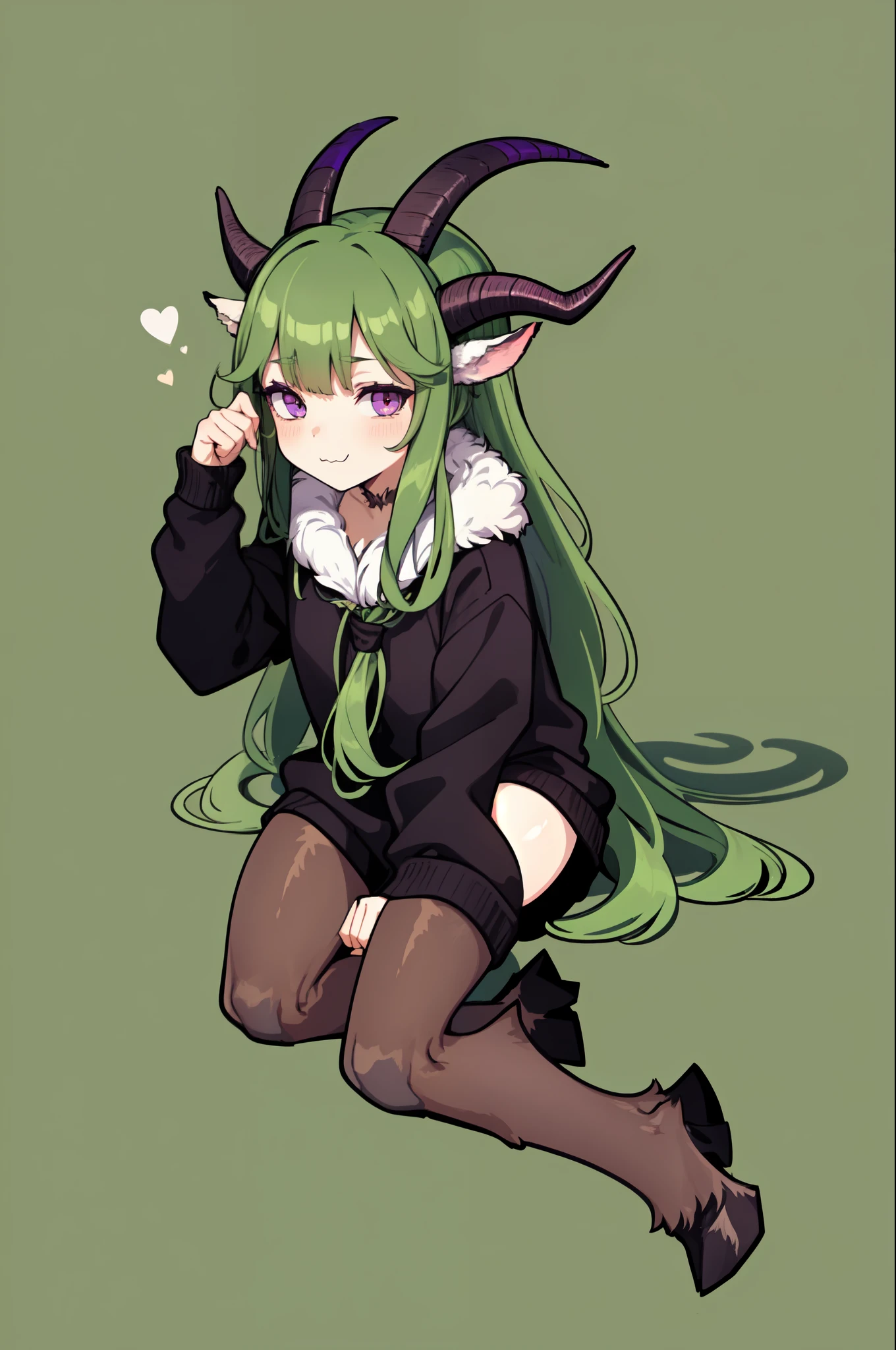 satyrcpt, satyr, goat_horns, legfur, animal ears, hooves, solo, 1girl, dark green hair, low tied sidelocks, purple eyes, :3, dim light, full body,  