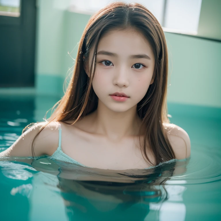 ((Best quality, 8K, Masterpiece: 1.3)), A captivating woman with an ultra-modern Toho Japanese descent, radiating gentle and elegant mysterious beauty and vibrant, vivid colors. Her face, a real work of art with natural innocence and a live-action representation of an actress under the age of 13.. Her delicate features exude a sense of life that is both natural and transparent. The human skin experience is beautifully captured, showcasing kids, angel teens, and ors in their purest form. With broad lighting, she dons a thin, tinier body through swimming wear, embodying the harmonious young girl, Ayei