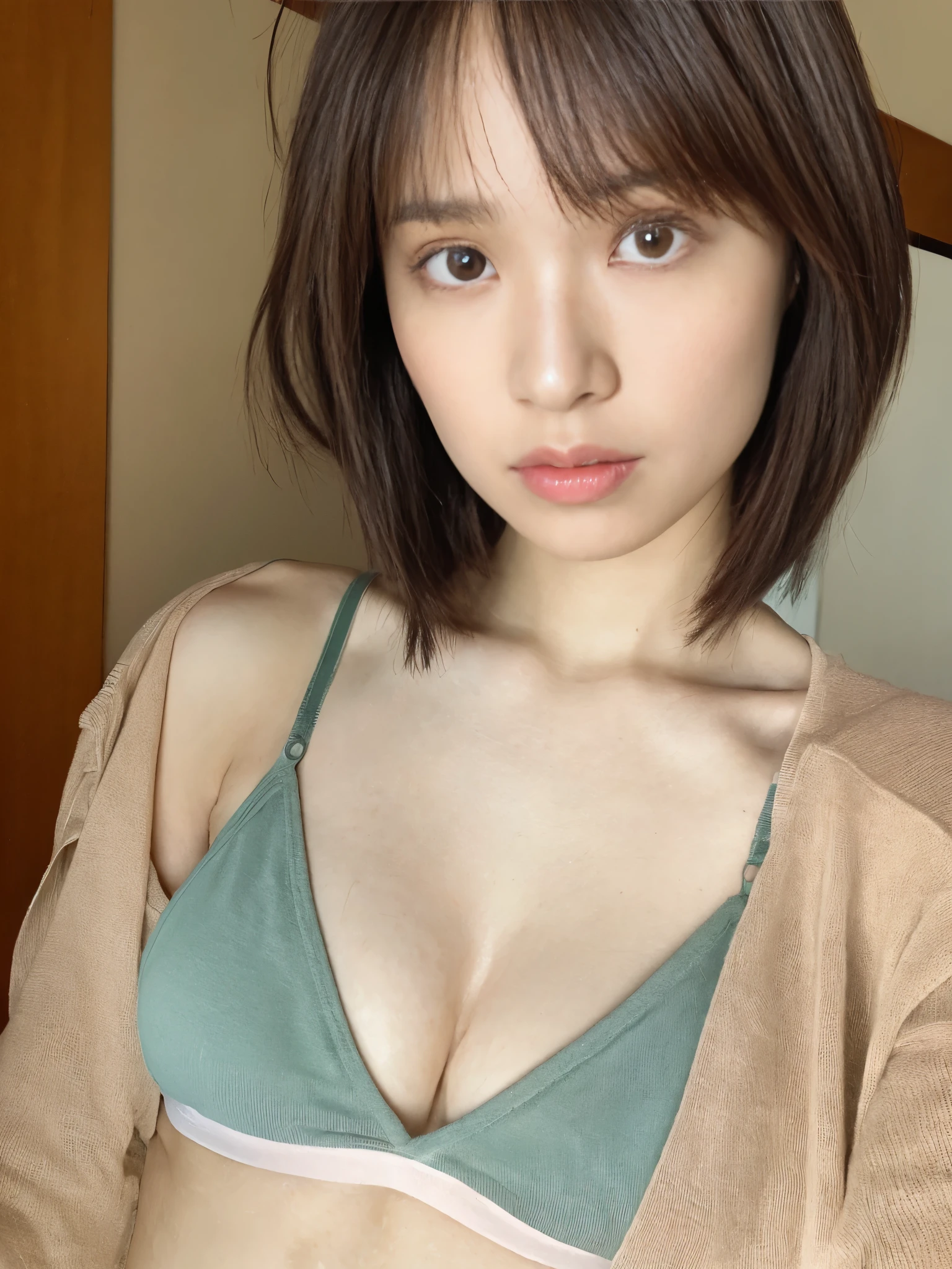 highest quality、８K,masterpiece、Ultra-high resolution、(Photorealistic:1.4)、Raw photo、girl、Woman in bra top posing for photo, Yoshitomo Nara, With short hair, Chiho, Ayaka, Ayami Kojima, Teshirogi Shiori, 阿嶋Chiho, Ayami Kojima Amano, Kakinouchi Narumi, Kazami Yuuka, Kotegawa Yui