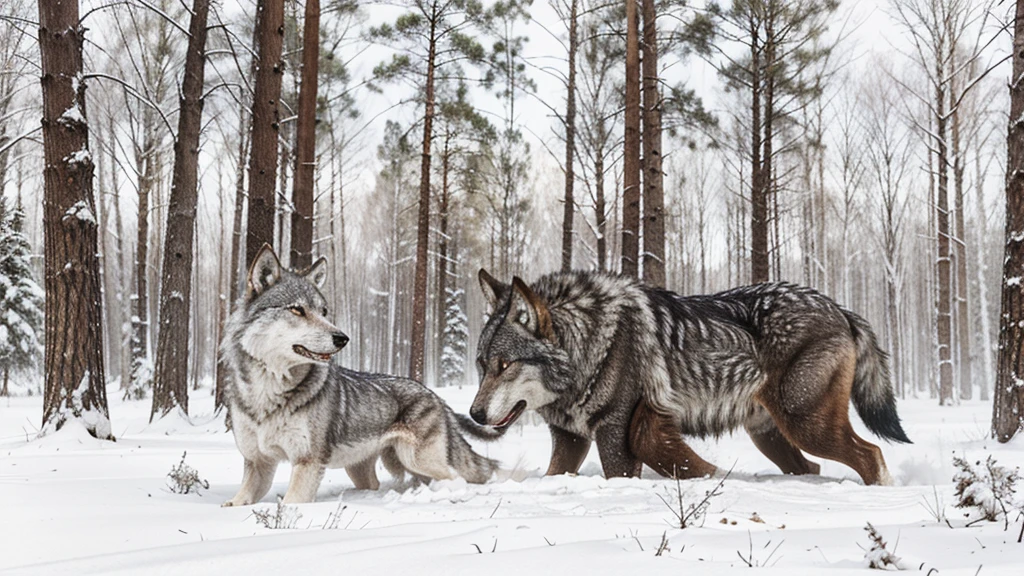 wolfs eats fugitive in tayga winter forest, pencil draw style, on white canvas