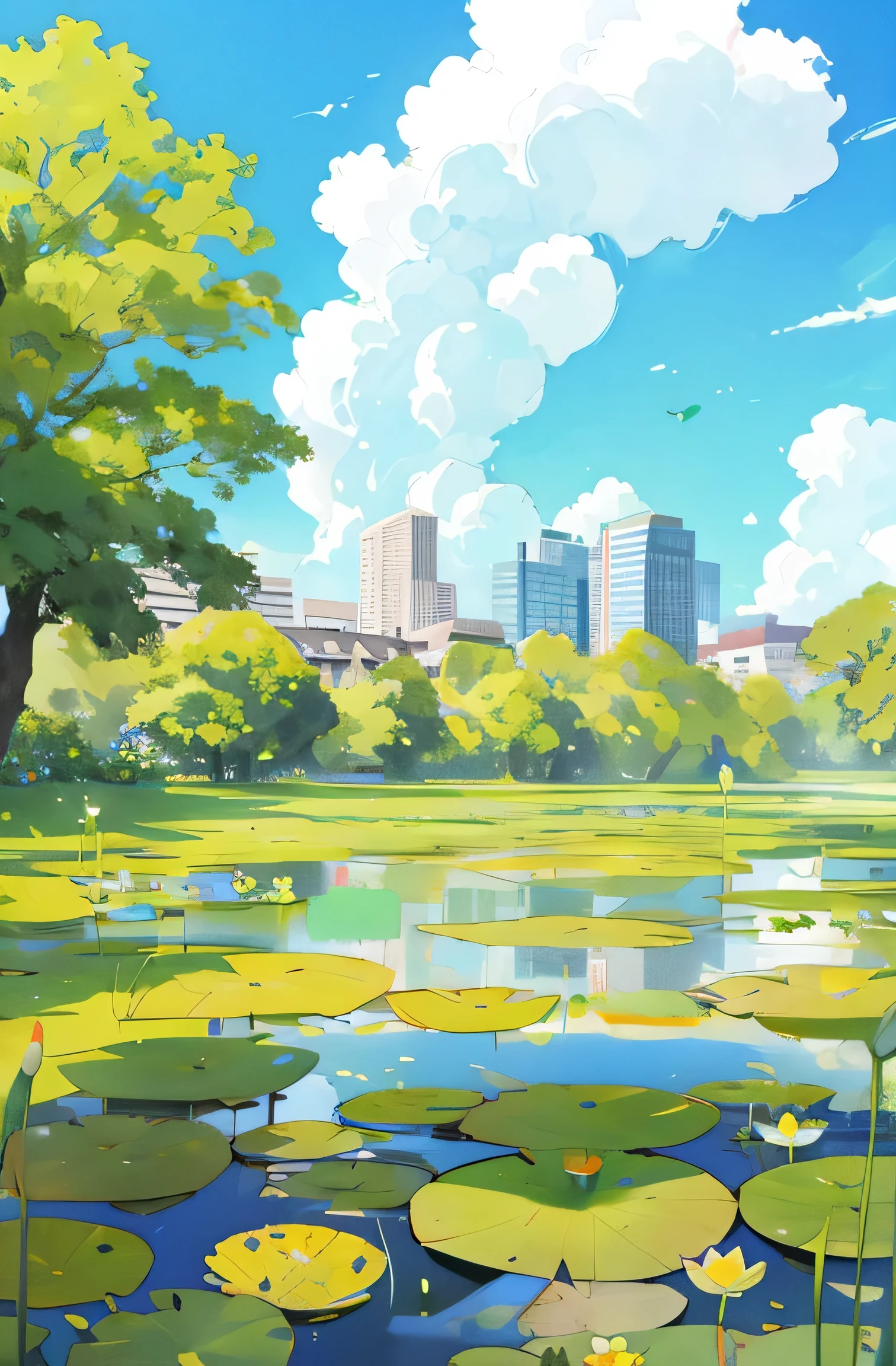 A green lawn in the yard in summer,There is a pond with lotus flowers,There are dragonflies,Empty meadows,Blue sky and white clouds,The high-rise building looming in the distance