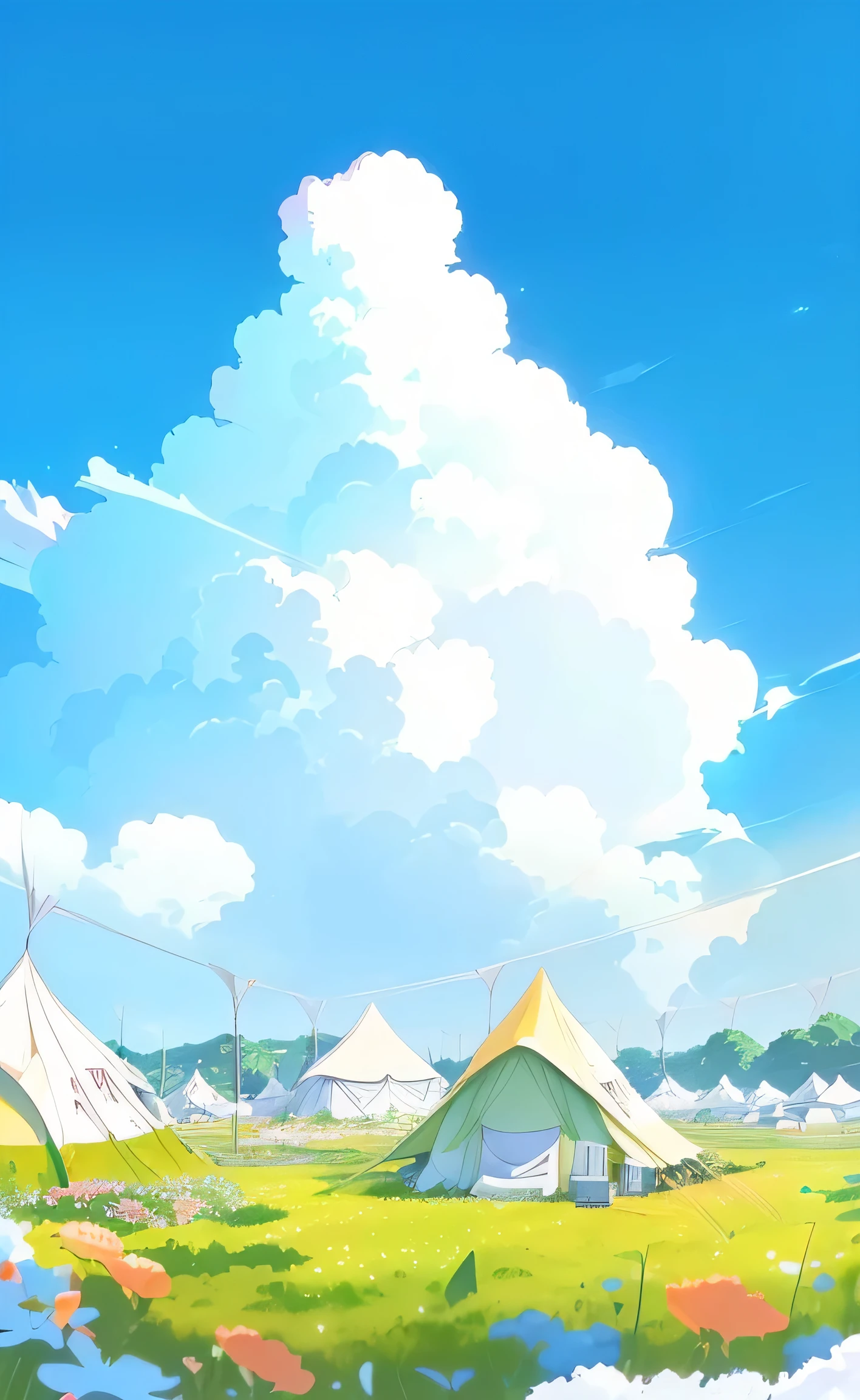 There are plenty of tents in the fields,There are flowers and kites, Japanese cartoons clouds, Japanese cartoons background technology, colorful Japanese cartoons movie background, Japanese cartoons background, Japanese cartoons scenery concept art, Japanese cartoons Yuruying, beautiful floating clouds. Japanese cartoons, Yuruying, beautiful Japanese cartoons scenery, Japanese cartoons countryside landscape, Japanese cartoons scenery, Japanese cartoons landscape wallpaper, Japanese cartoons movie background, background technology, Studio Ghibli Sky