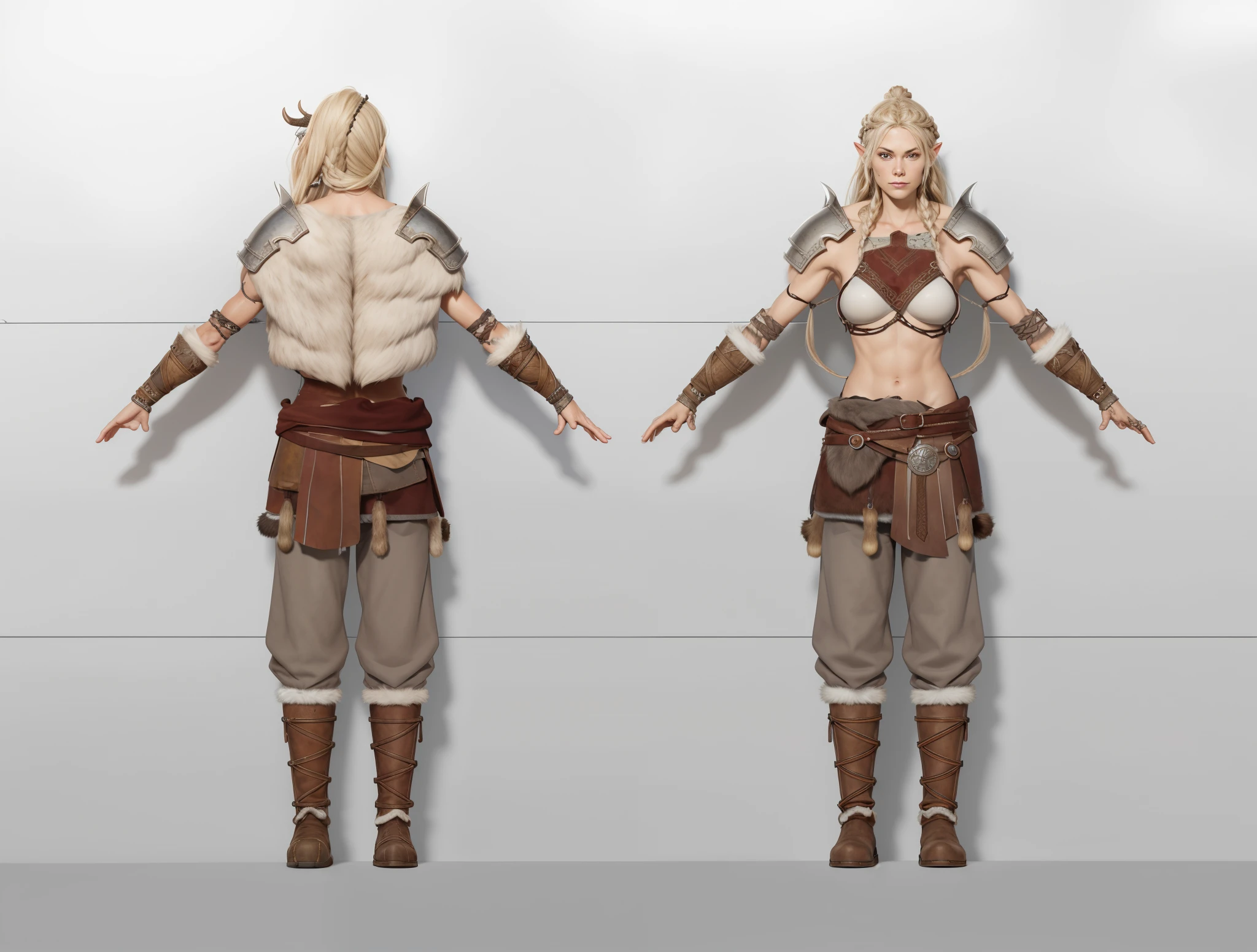 ( Realistic:1.33),(masterpiece:1.1),(highest quality:1.1),(HDR:1) a close up of a Viking woman warrior wearing armor and fur coat , full body concept, detailed full body concept, Young Viking female with a long braid, Viking style, age Viking protective maiden, Portrait of a Viking, Viking warrior, Viking culture, Nordic warrior, Viking costume, Ancient Viking warrior, Elven blond warrior, Epic Viking Queen , wearing Viking clothing, Female Viking, with Machado, Nordic inspiration, Viking and Templar aesthetics, full body character concept,costume concept design, full body details, detailed full body concept art, full character body, character model sheet turnaround, fullbody shot turnaround, concept character sheet, full body concept art, reference model sheet , full body concept art, RPG style character, game character design, 3d character reference sheet, video game character concept, detailed character design, character sheet, character model sheet turnaround , front and back, front and back, grey clean background, 3D character, leather belt with leather knife bag, red loincloths, leather armband, leather boots with fur, leather bikini with black fur coat, red hem with fur. [ show skin breast mound ], [ show abdomen ] no cloth at abdomen. breast skin, human skin, human skin, human breast skin, human skin.(viking warrior), ((barbarian)),(((wide breast)),(((wide shoulder)),
