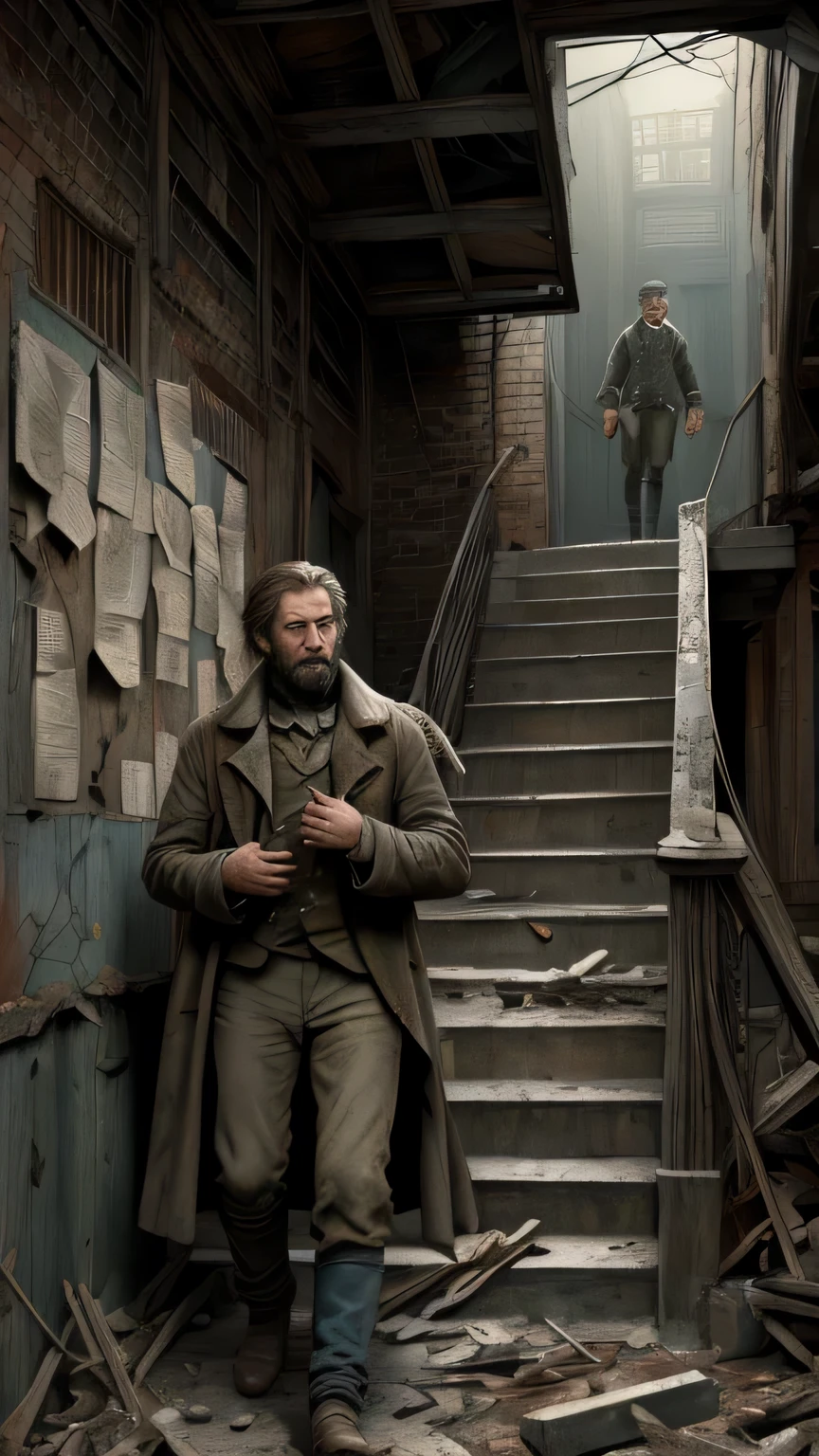 1860, vintage american color comic, Cold, winter, detailed drawing, Jean Valjean, his face weathered by fervour, climbs a rickety staircase in a dilapidated building. The staircase is dimly-lit and leads into the dreary depths of the building. Valjean wears a long coat and carries a basket with ration books and other essentials, colorized