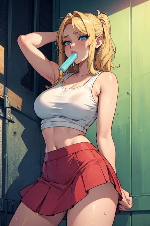 a hot blonde girl with big sweating wearing a tiny skirt eating a popsicle