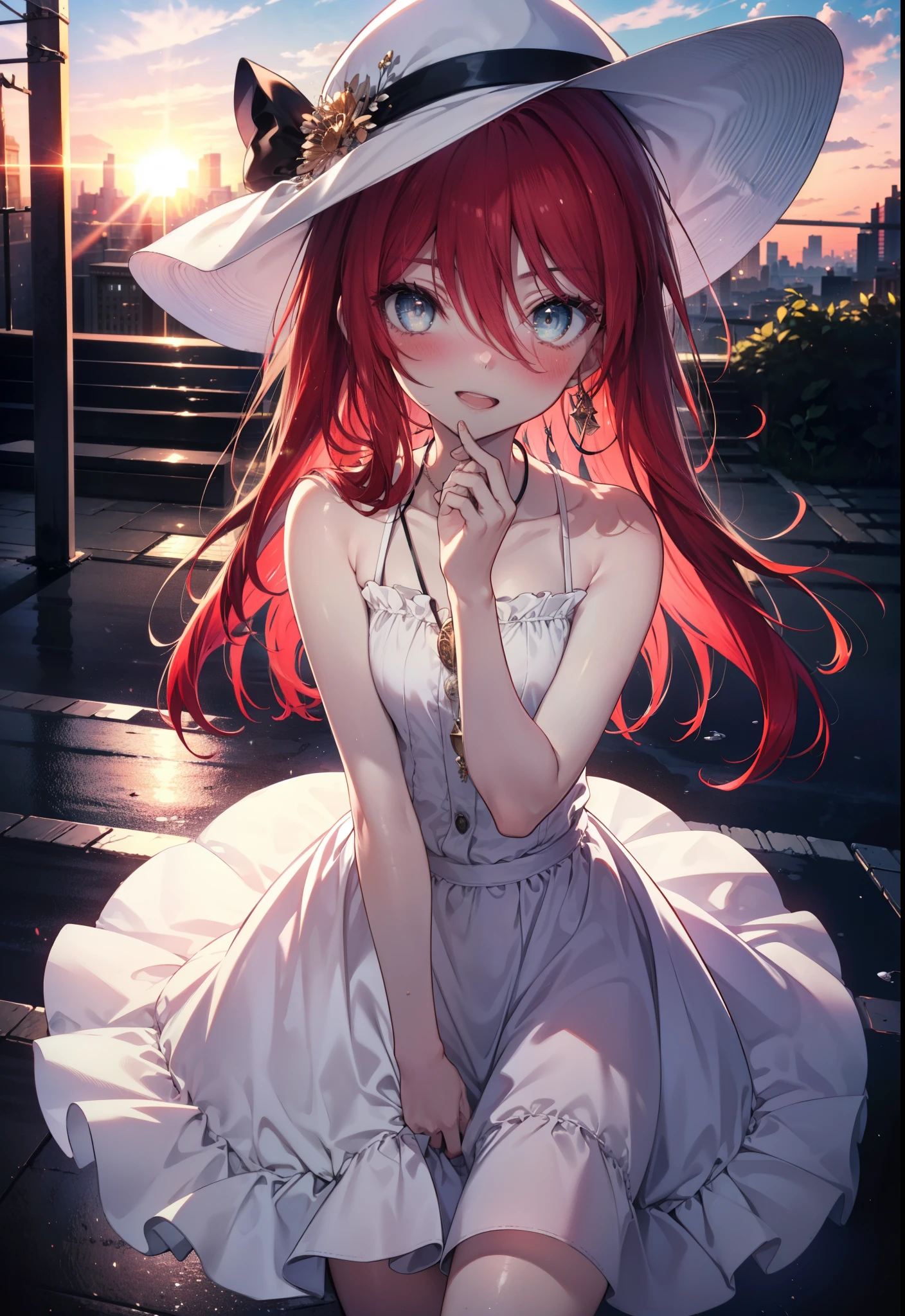Shana,灼眼のShana,Ahoge,Long Hair,Red Hair, Red eyes, Small breasts,smile,blush,Open your mouth,Sleeveless dress,Bare shoulders,bare clavicle,Bare neck,Rocket Pendant,White hat,Long skirt,Cute heeled sandals,Looking down from above,sunset,evening,The sun is setting,
break looking at viewer, (Cowboy Shot:1. 5)
break outdoors, City Street,Building district,
break (masterpiece:1.2), highest quality, High resolution, unity 8k wallpaper, (shape:0.8), (Fine and beautiful eyes:1.6), Highly detailed face, Perfect lighting, Highly detailed CG, (Perfect hands, Perfect Anatomy),
