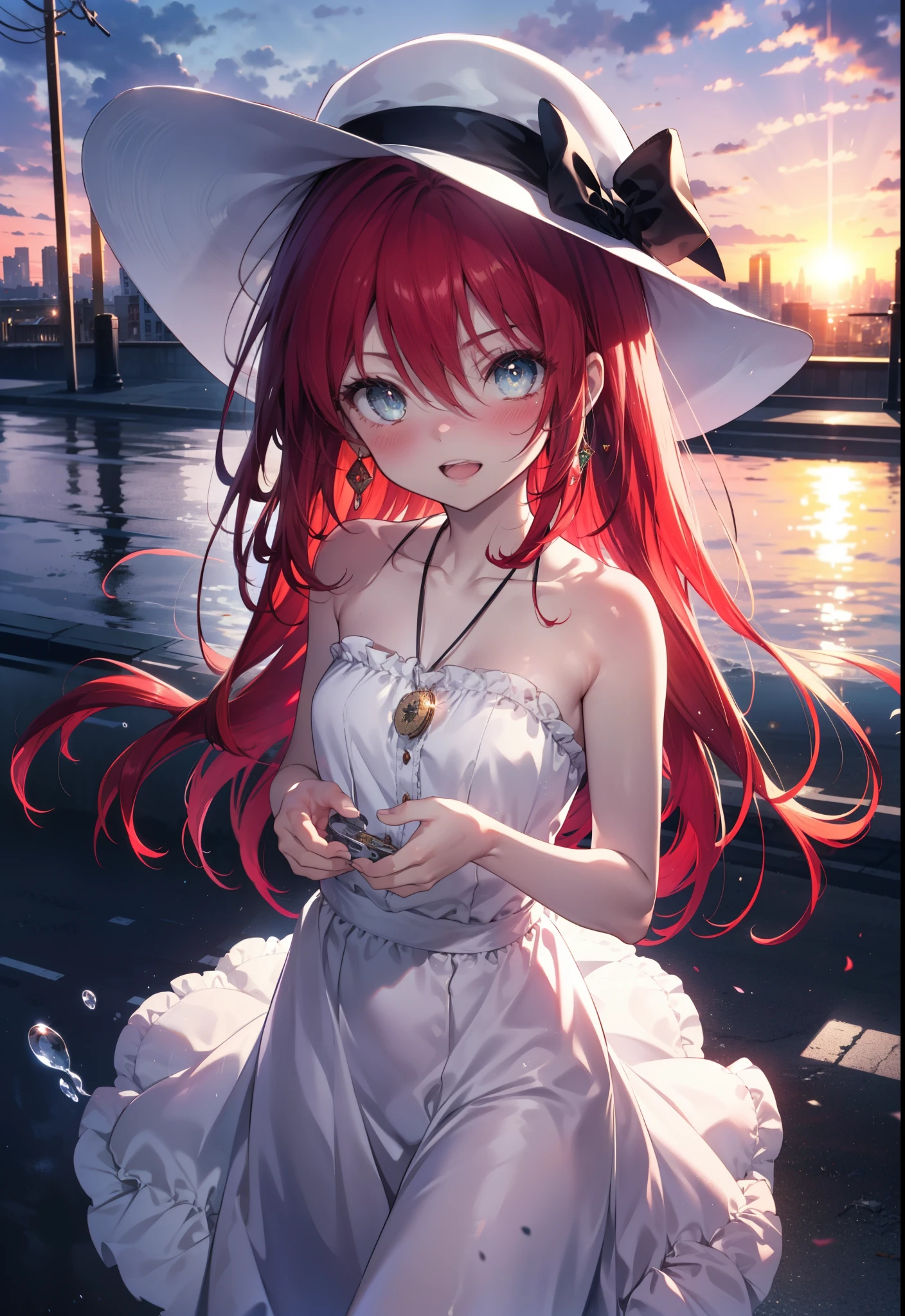 Shana,灼眼のShana,Ahoge,Long Hair,Red Hair, Red eyes, Small breasts,smile,blush,Open your mouth,Sleeveless dress,Bare shoulders,bare clavicle,Bare neck,Rocket Pendant,White hat,Long skirt,Cute heeled sandals,Looking down from above,sunset,evening,The sun is setting,
break looking at viewer, (Cowboy Shot:1. 5)
break outdoors, City Street,Building district,
break (masterpiece:1.2), highest quality, High resolution, unity 8k wallpaper, (shape:0.8), (Fine and beautiful eyes:1.6), Highly detailed face, Perfect lighting, Highly detailed CG, (Perfect hands, Perfect ???????),