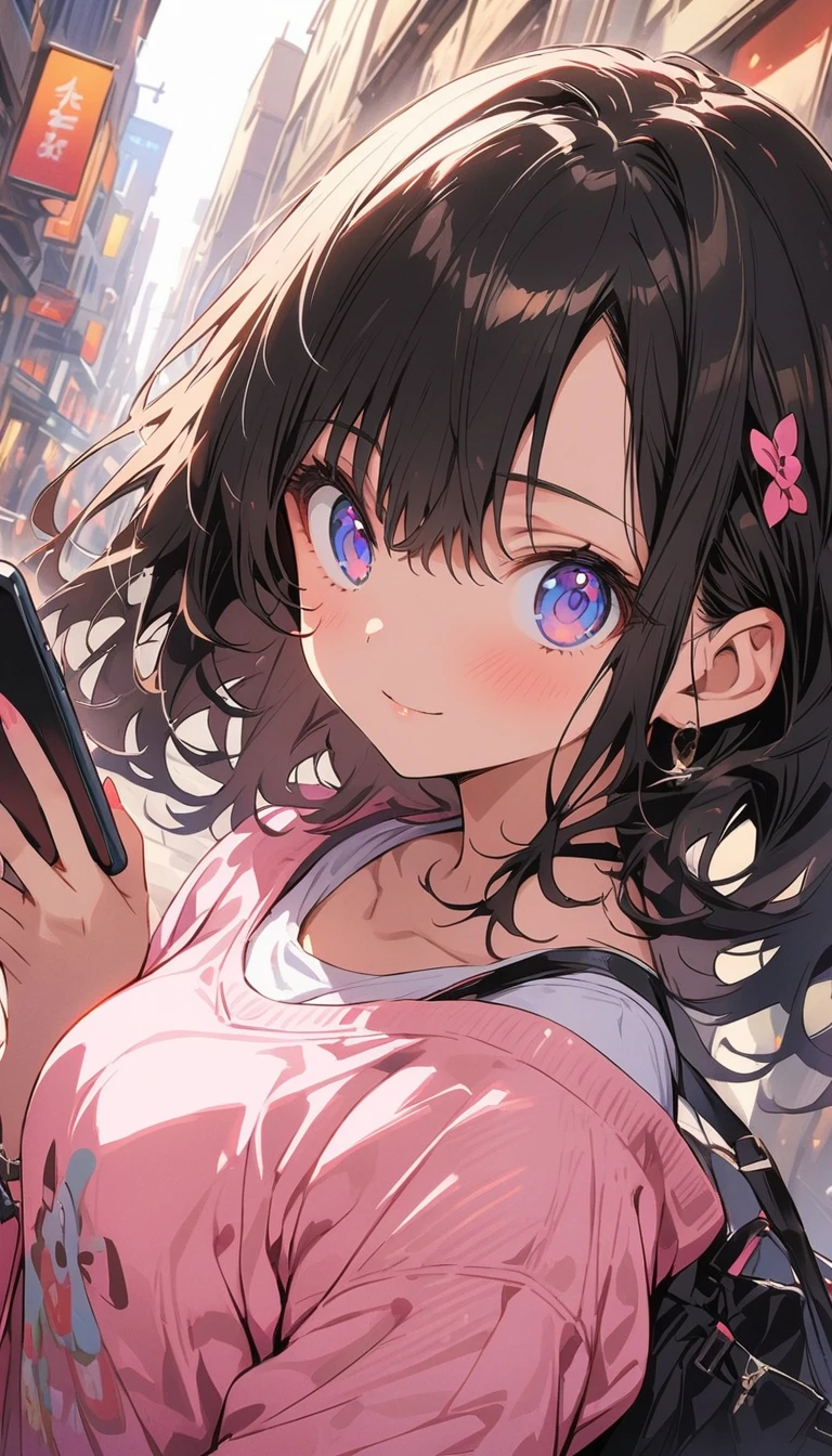 animeの女の子, Cute casual clothes, (Operating a smartphone), masterpiece, (highest quality、masterpiece、High resolution、detailed)、animeスタイル、Flat Style、(Beautiful Eyes, Delicate and beautiful face, ), BREAK, extremely detailed、High saturation、Dynamic Angle、anime、In the city、Background Blur