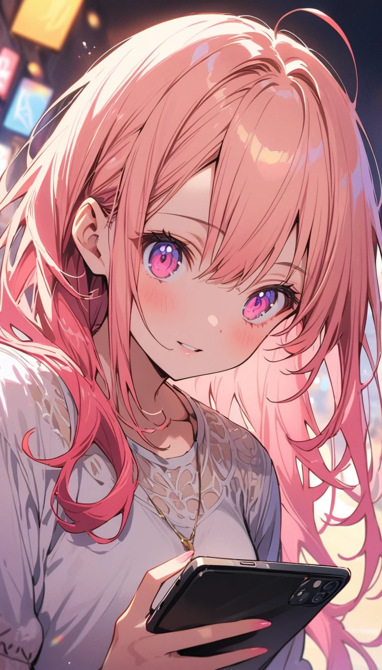 animeの女の子, Cute casual clothes, (Operating a smartphone), masterpiece, (highest quality、masterpiece、High resolution、detailed)、animeスタイル、Flat Style、(Beautiful Eyes, Delicate and beautiful face, ), BREAK, extremely detailed、High saturation、Dynamic Angle、anime、In the city、Background Blur