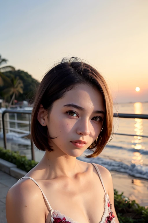 One 17 year old girl, highest quality, Realistic, alone, Depth of written boundary, Natural light, Daytime, attractive, Beautiful Face, clean, Pure Face, Pale skin, cute, short hair, Beach, sunset、Sunset、sunset,Flat Chest, Small breasts, whole body, ((Beautiful Face)), 