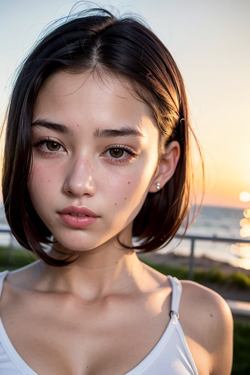 One 17 year old girl, highest quality, Realistic, alone, Depth of written boundary, Natural light, Daytime, attractive, Beautiful Face, clean, Pure Face, Pale skin, cute, short hair, Beach, sunset、Sunset、sunset,Flat Chest, Small breasts, whole body, ((Beautiful Face)), 
