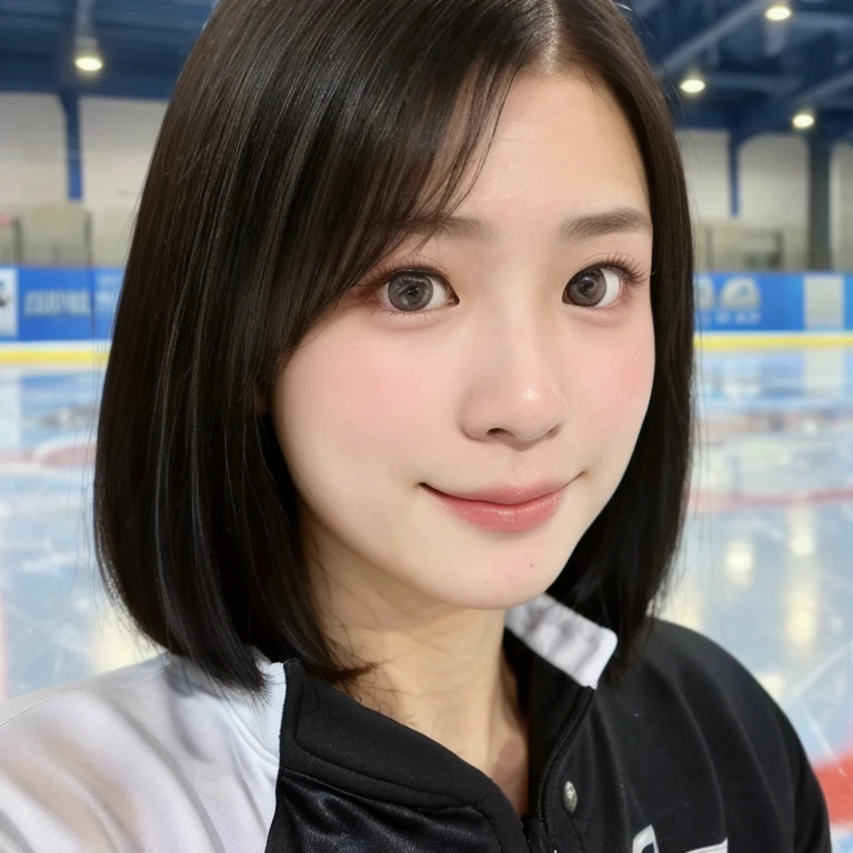 (kawaii 24year-old Japanese girl, Nogizaka idol, Korean idol), female ice hockey player, (glossy black hair, very short hair:1.3), (rounded face, black eyes, single eyelid, no makeup, soft smiling:1.2), (wearing long sleeved ice hockey jersey:1.5), ice hockey gloves, ice hockey helmet, (looking at viewer:1.2), BREAK, (skating at ice skate arena, active atmosphere:1.3), (view from forward, close shot, face focus:1.3), BREAK, (masterpiece, best quality, photo realistic, official art:1.4), (UHD, 8K quality wallpaper, high resolution, raw photo, golden ratio:1.3), (shiny skin), professional lighting, physically based rendering, award winning, (perfect anatomy, highly detailed skin, extremely detailed face and eyes:1.2), Carl Zeiss 300mm F/2.8, depth of field, 1girl, solo, nhl player, national hockey league player,